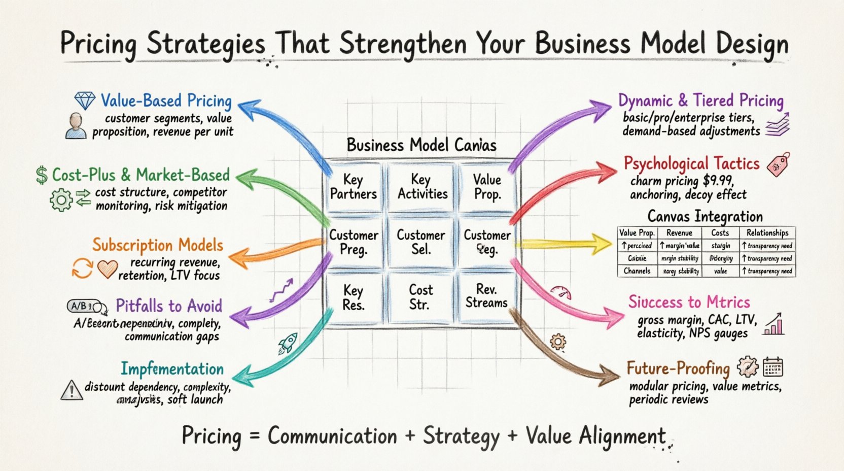 Hand-drawn whiteboard infographic illustrating 10 strategic pricing approaches that strengthen business model design: value-based pricing, cost-plus, market-based, subscription models, dynamic tiered pricing, psychological tactics, Business Model Canvas integration, implementation testing, success metrics, and future-proofing strategies, with color-coded markers showing connections between pricing decisions and canvas blocks like value proposition, revenue streams, cost structure, and customer relationships