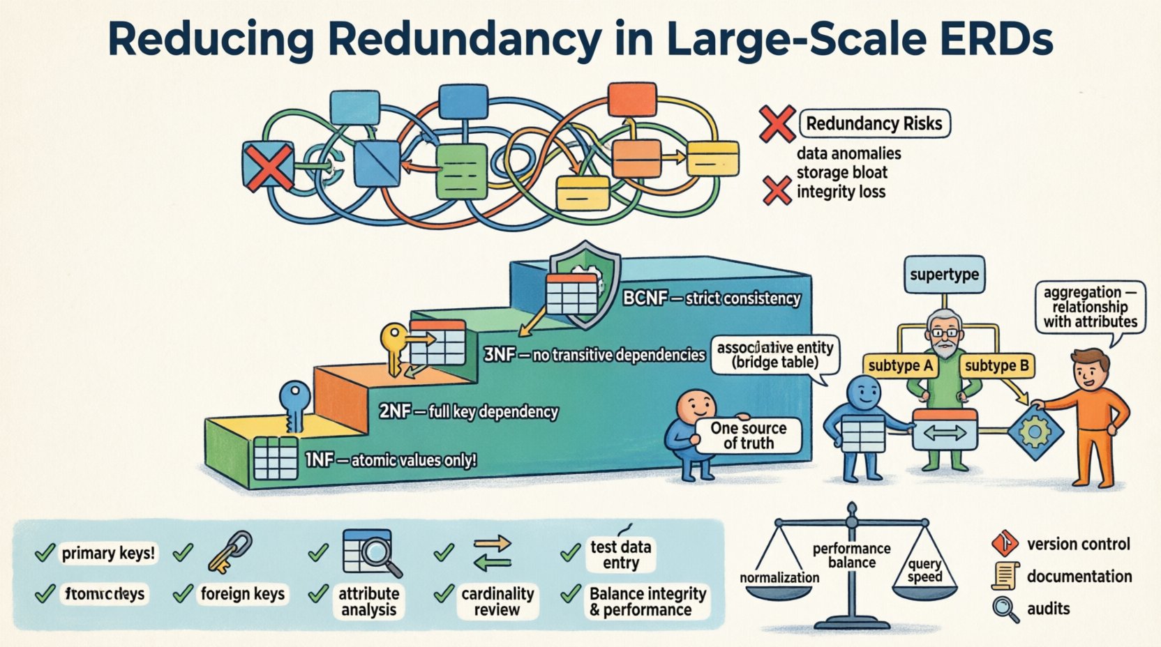 Cartoon infographic summarizing strategies to reduce redundancy in large-scale Entity Relationship Diagrams: illustrates normalization forms (1NF-BCNF), advanced patterns like associative entities and subtyping, common pitfalls to avoid, and a verification checklist for maintaining data integrity and schema efficiency