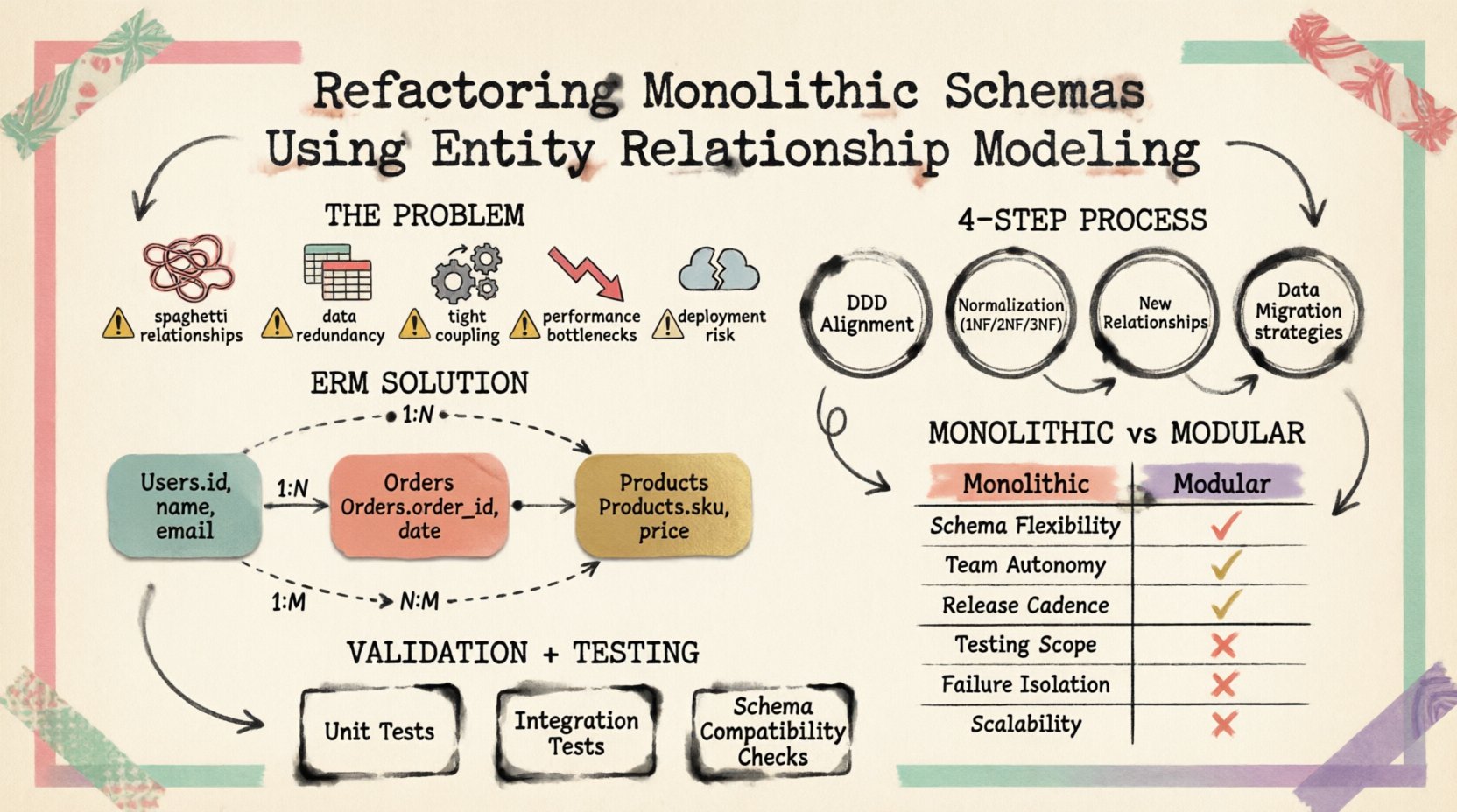 Infographic summarizing how to refactor monolithic database schemas using Entity Relationship Modeling: shows common problems like spaghetti relationships and data redundancy, ERM core components (entities, attributes, relationships, cardinality), a 4-step refactoring process (DDD alignment, normalization, defining relationships, data migration), pitfalls to avoid, validation strategies, and a comparison table of monolithic vs modular schema design, presented in a decorative stamp and washi tape scrapbook style with pastel colors and hand-drawn elements