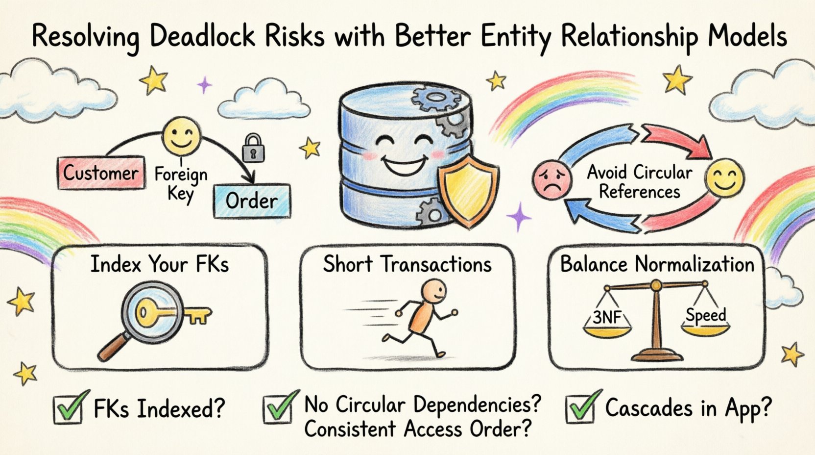Child-style crayon drawing infographic summarizing how better Entity Relationship Model design prevents database deadlocks, showing foreign key indexing, avoiding circular references, balancing normalization, short transactions, and a design checklist