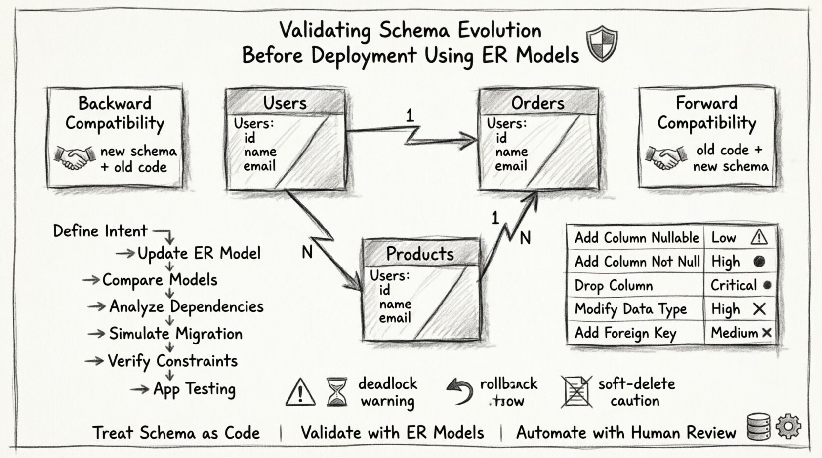 Charcoal sketch infographic illustrating schema evolution validation workflow using Entity Relationship Models, showing risk levels for database changes like add/drop columns and modify data types, backward and forward compatibility strategies, seven-step validation process from defining intent to application testing, and key pitfalls including deadlocks and rollback planning for safe production database deployments
