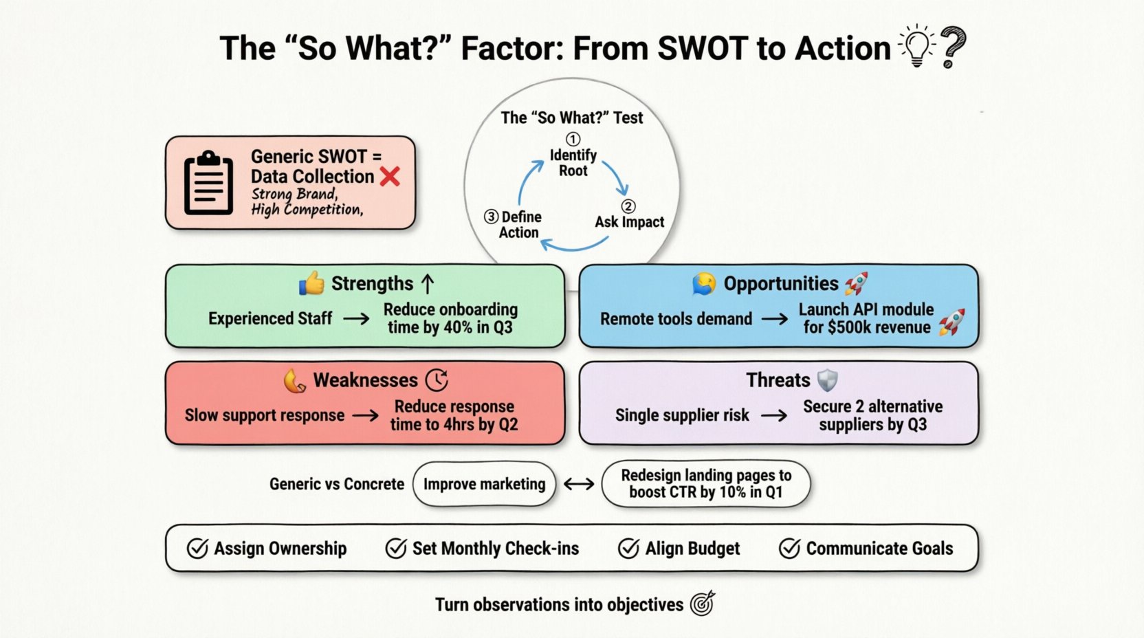 Infographic illustrating the 'So What?' framework for transforming generic SWOT analysis points into concrete, measurable business objectives. Features a clean flat design with four quadrant examples (Strengths, Weaknesses, Opportunities, Threats), a 3-step conversion process (Identify Root → Ask Impact → Define Action), before/after comparisons, and implementation checklist. Designed with pastel accents, rounded shapes, and black-outline icons for student-friendly educational content and social media sharing.