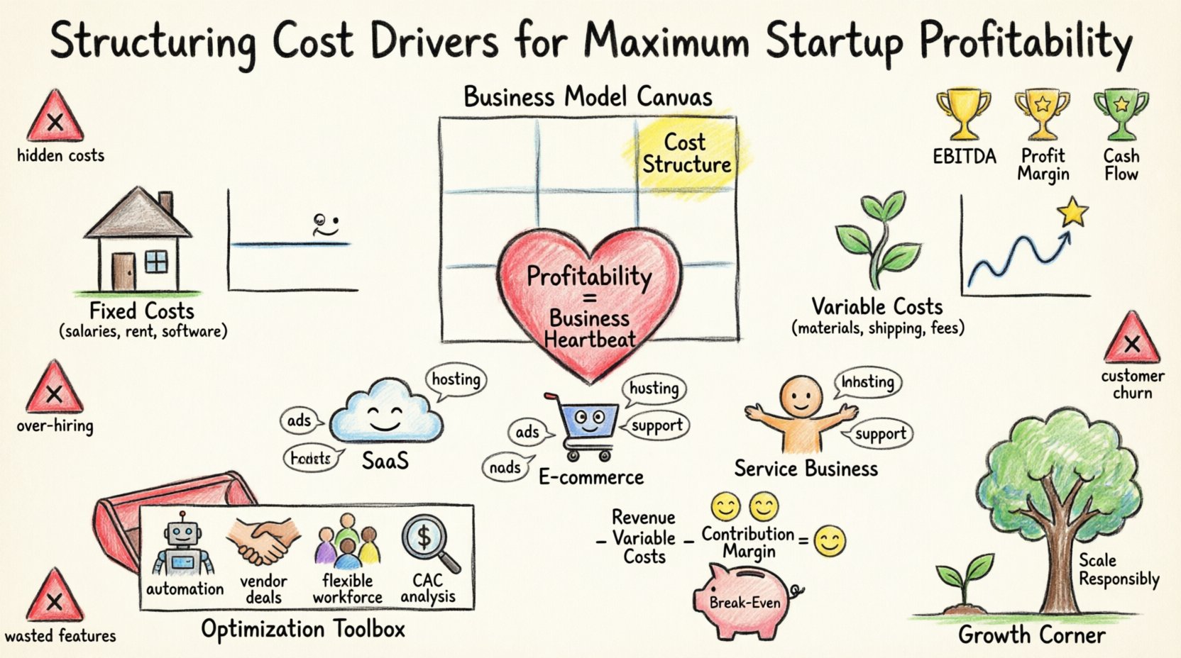 Child's drawing style infographic explaining startup cost drivers for maximum profitability, featuring Business Model Canvas cost structure, fixed vs variable costs comparison, SaaS e-commerce service business models, cost optimization strategies like automation and CAC analysis, unit economics formulas, and growth metrics - all illustrated with playful hand-drawn crayon art in bright colors on 16:9 layout