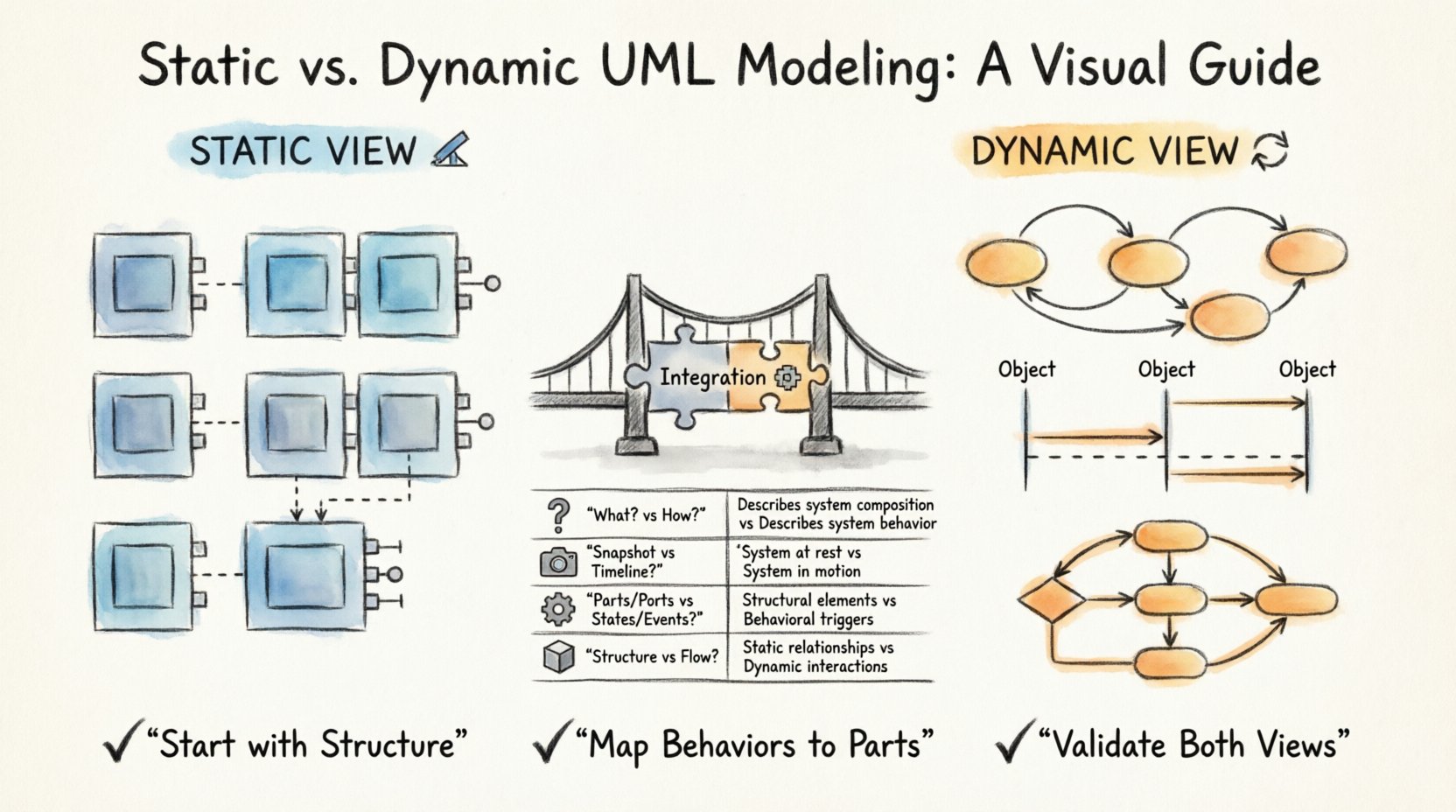 Hand-drawn infographic comparing static Composite Structure Diagrams and dynamic behavioral models in UML, illustrating parts, ports, connectors versus states, events, and sequence flows, with integration guidelines for effective software architecture design
