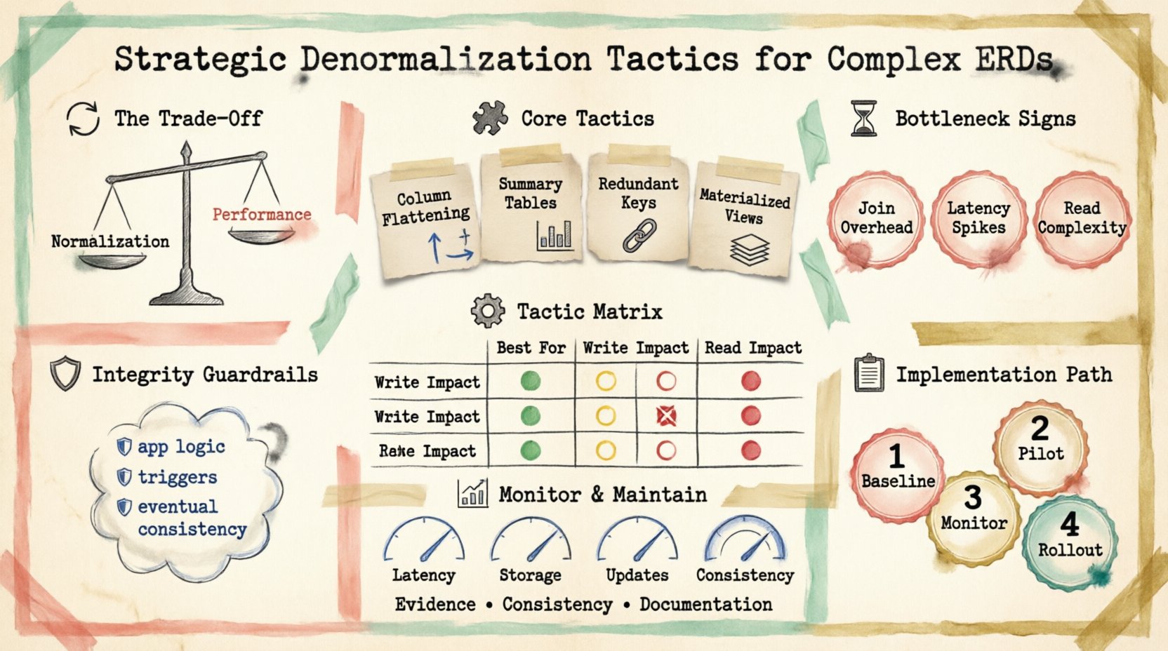 Infographic summarizing strategic denormalization tactics for complex entity relationship models, featuring stamp and washi tape style design with sections on normalization trade-offs, performance bottlenecks, core tactics (column flattening, summary tables, redundant keys, materialized views), data integrity strategies, implementation roadmap, and monitoring metrics, presented on craft paper texture with decorative tape borders and hand-stamped icons