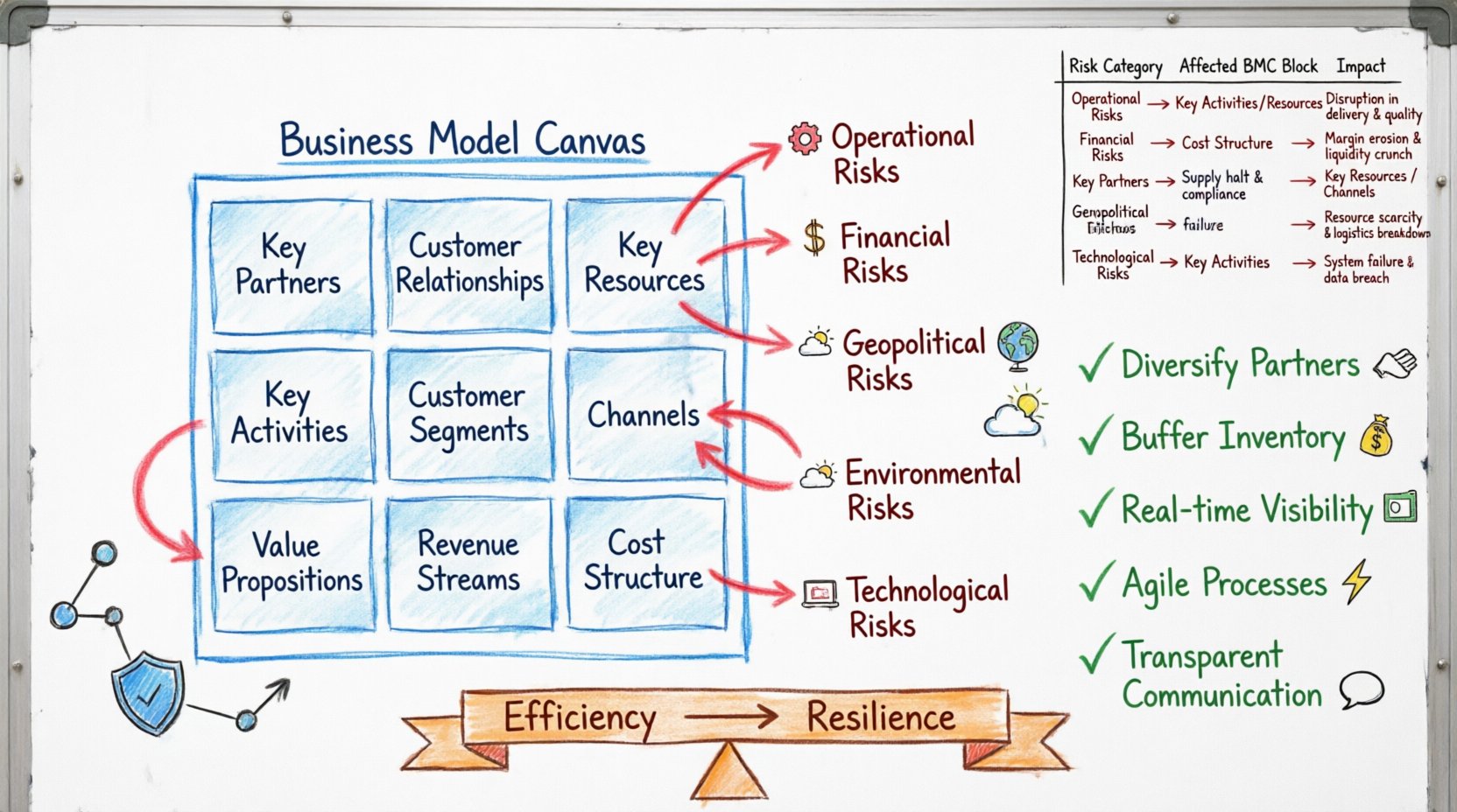 Hand-drawn whiteboard infographic illustrating supply chain risk management integrated into the Business Model Canvas, showing five risk categories (operational, financial, geopolitical, environmental, technological) mapped to BMC blocks with color-coded mitigation strategies, efficiency-to-resilience spectrum, and key decision frameworks for building resilient modern business models