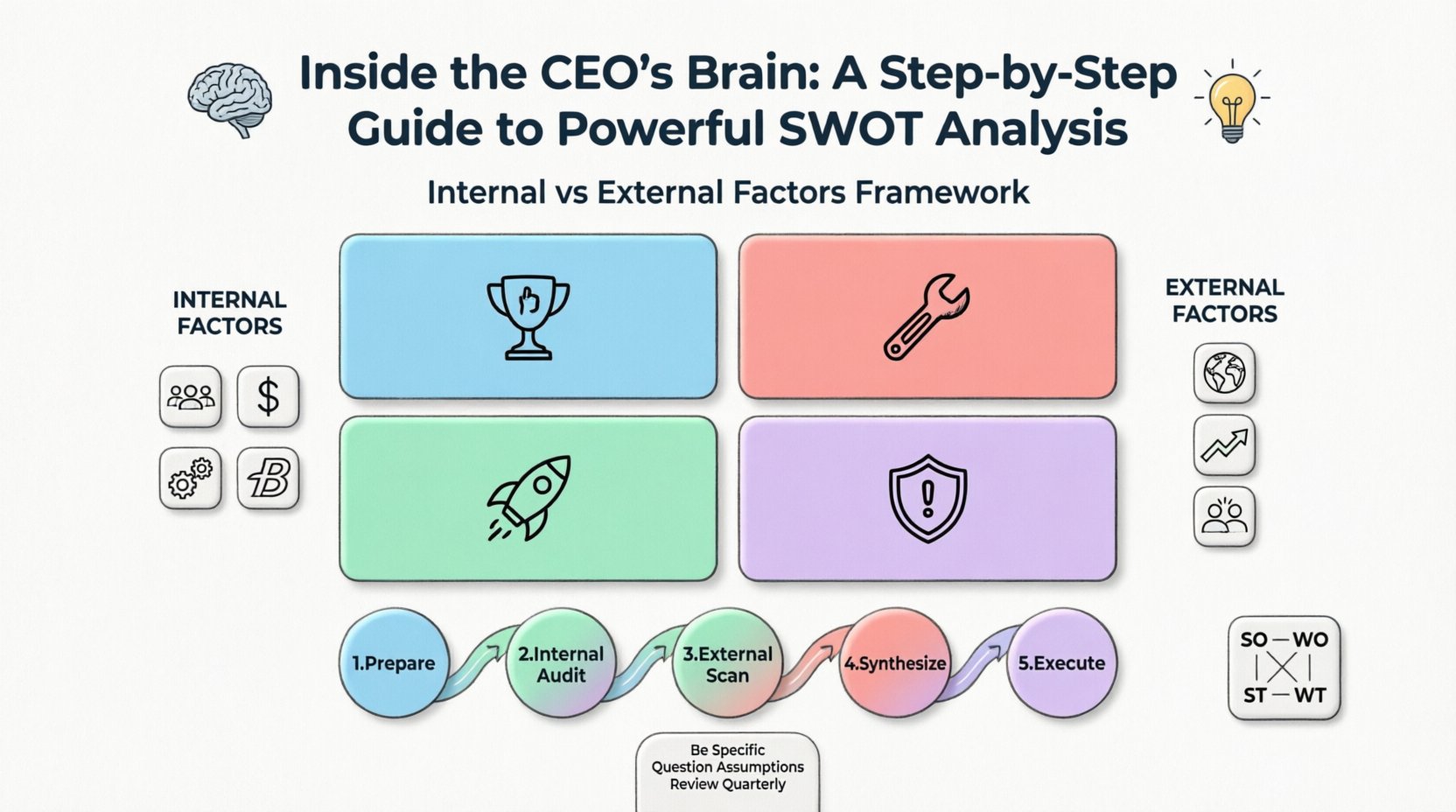 Flat design infographic illustrating a step-by-step SWOT analysis framework for strategic planning. Features a central 2x2 matrix with Strengths, Weaknesses, Opportunities, and Threats quadrants in pastel colors, surrounded by icons representing internal factors (team, finance, operations) and external factors (market trends, competitors). Bottom section displays a 5-phase workflow: Prepare, Internal Audit, External Scan, Synthesize with TOWS Matrix, and Execute. Clean black outlines, rounded shapes, sky blue and coral pink accents, ample white space. Friendly educational style suitable for students and social media, with key tips: Be Specific, Question Assumptions, Review Quarterly.