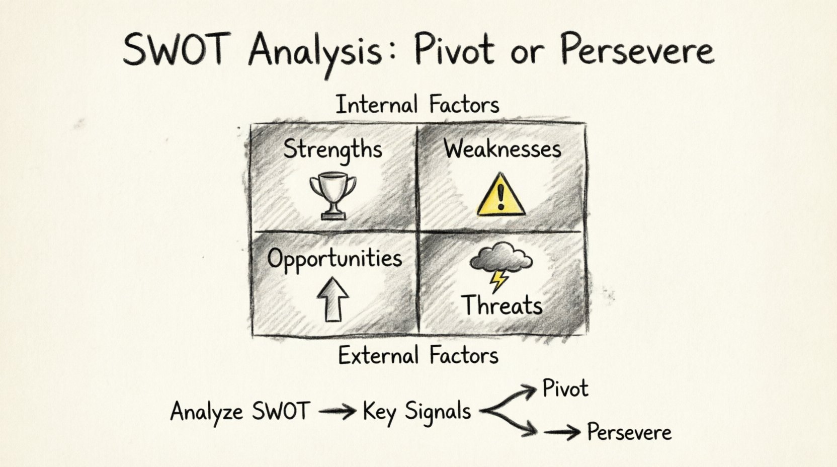 Charcoal contour sketch infographic of SWOT analysis framework for entrepreneurs: four quadrants showing Strengths, Weaknesses, Opportunities, and Threats with internal vs external factor distinction, decision flowchart guiding pivot or persevere strategic choices during business uncertainty, hand-drawn educational business illustration