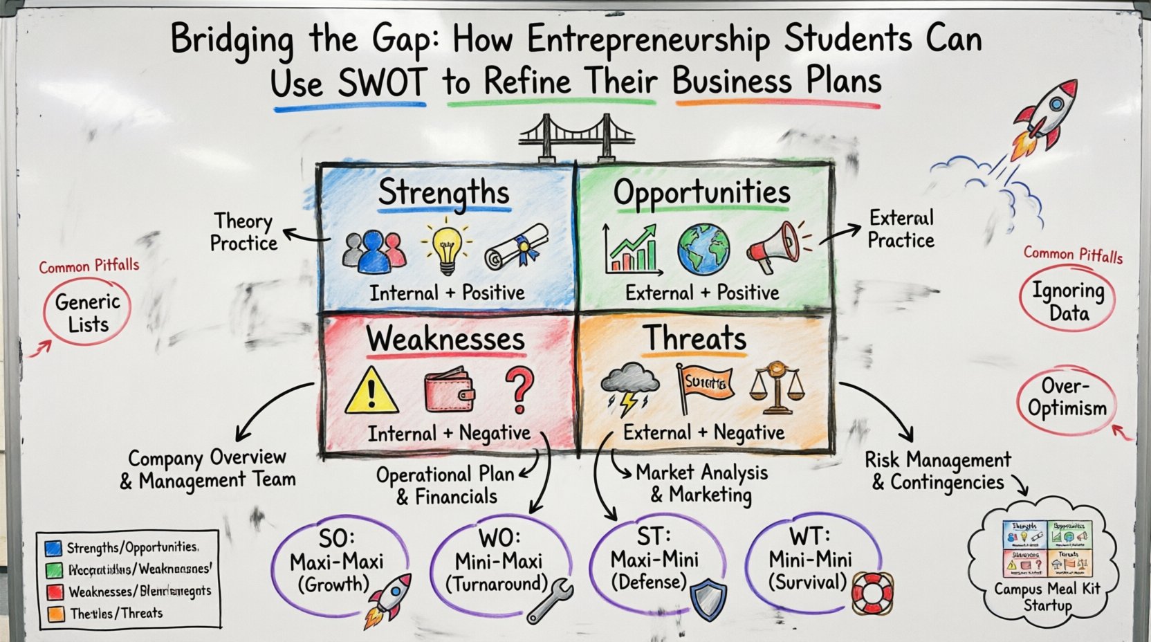 Hand-drawn whiteboard infographic illustrating how entrepreneurship students can apply SWOT analysis (Strengths, Weaknesses, Opportunities, Threats) to strengthen business plans, featuring color-coded quadrants, strategy mappings to plan sections, actionable TOWS strategies, and a campus startup case study example