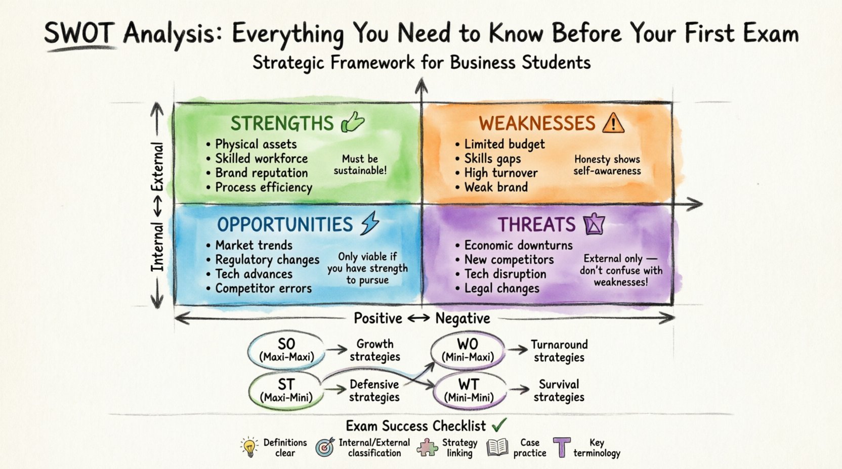 Marker illustration infographic explaining SWOT analysis framework for business exam preparation: four quadrants showing Strengths, Weaknesses, Opportunities, and Threats with internal vs external factors, TOWS strategic matrix combinations, and exam success checklist for strategic management students