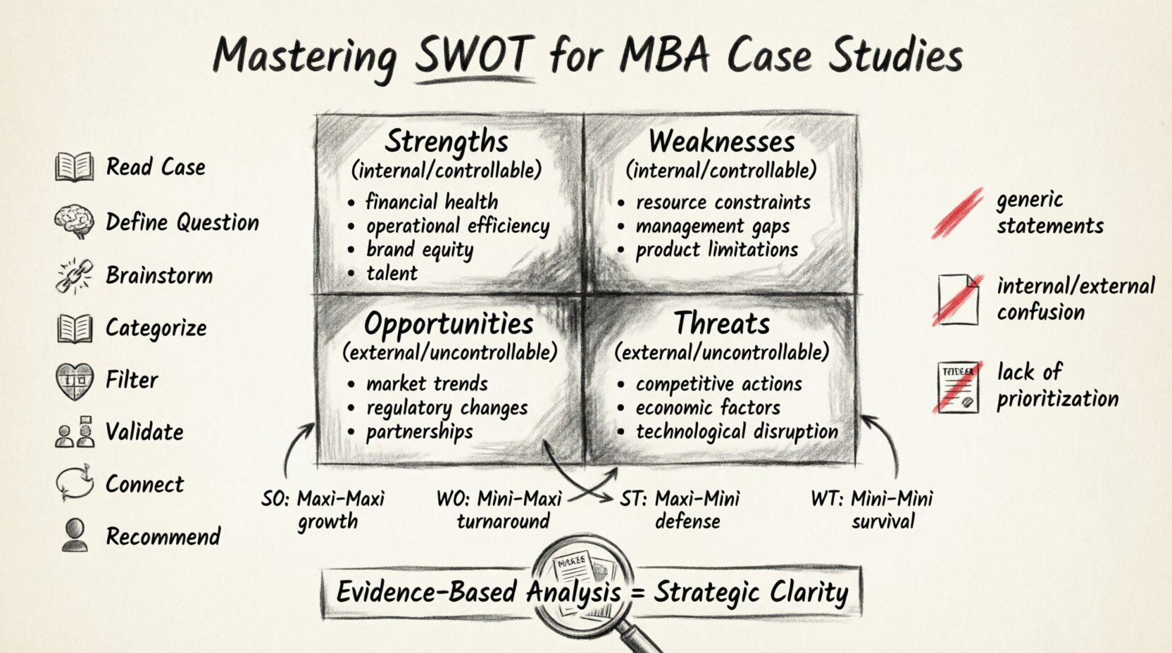 Charcoal sketch infographic illustrating how to master SWOT analysis for MBA case studies: features a four-quadrant SWOT matrix distinguishing internal factors (Strengths: financial health, operational efficiency, brand equity, talent; Weaknesses: resource constraints, management gaps) from external factors (Opportunities: market trends, partnerships; Threats: competitive actions, technological disruption), connected to a TOWS strategy framework (SO, WO, ST, WT approaches), with an 8-step workflow sidebar and common pitfalls to avoid, all rendered in professional contour sketch style for evidence-based business strategy education