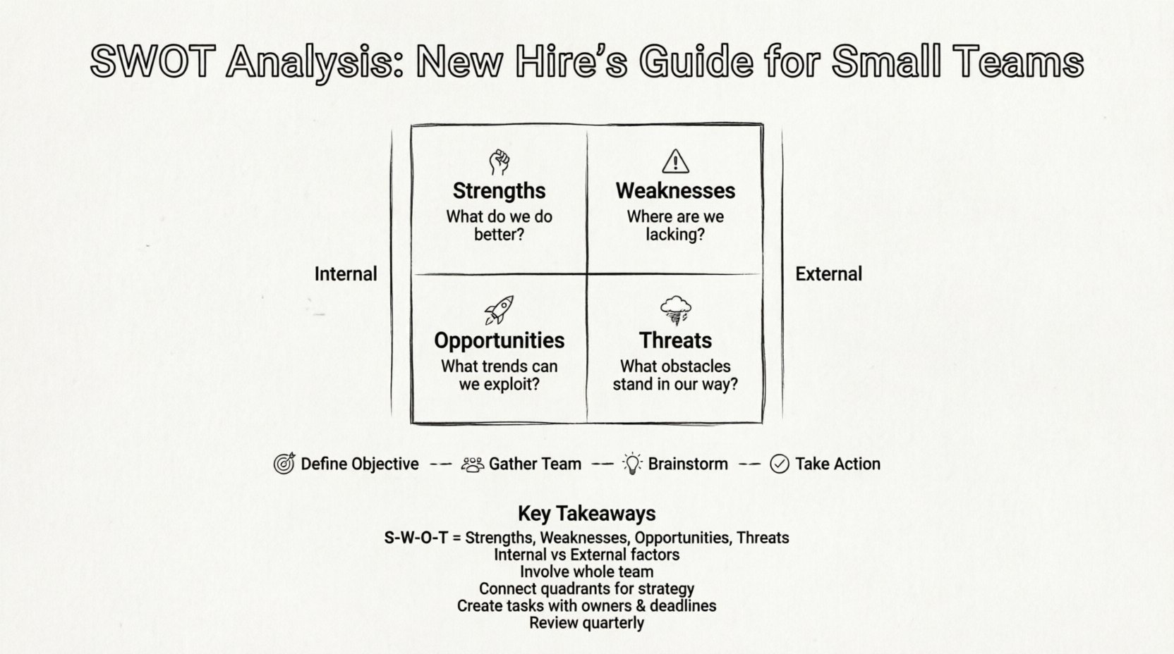 Line art infographic illustrating SWOT Analysis framework for small teams: 2x2 matrix showing Strengths, Weaknesses, Opportunities, Threats with internal/external factors, key questions per quadrant, and 4-step implementation process from preparation to action