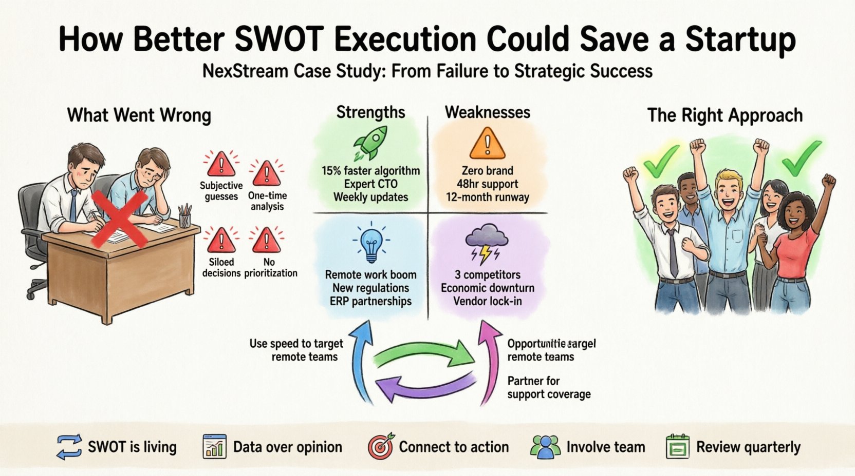Cartoon infographic illustrating how proper SWOT analysis execution could have saved tech startup NexStream, featuring four colorful SWOT quadrants (Strengths: 15% faster algorithm, Expert CTO, Agile deployment; Weaknesses: Zero brand recognition, 48hr support response, 12-month runway; Opportunities: Remote work trends, Regulatory changes, ERP partnerships; Threats: Market saturation, Economic downturn, Vendor lock-in), simplified TOWS matrix with actionable strategies, and five key takeaways for strategic planning: SWOT is living, Data over opinion, Connect to action, Involve team, Review quarterly