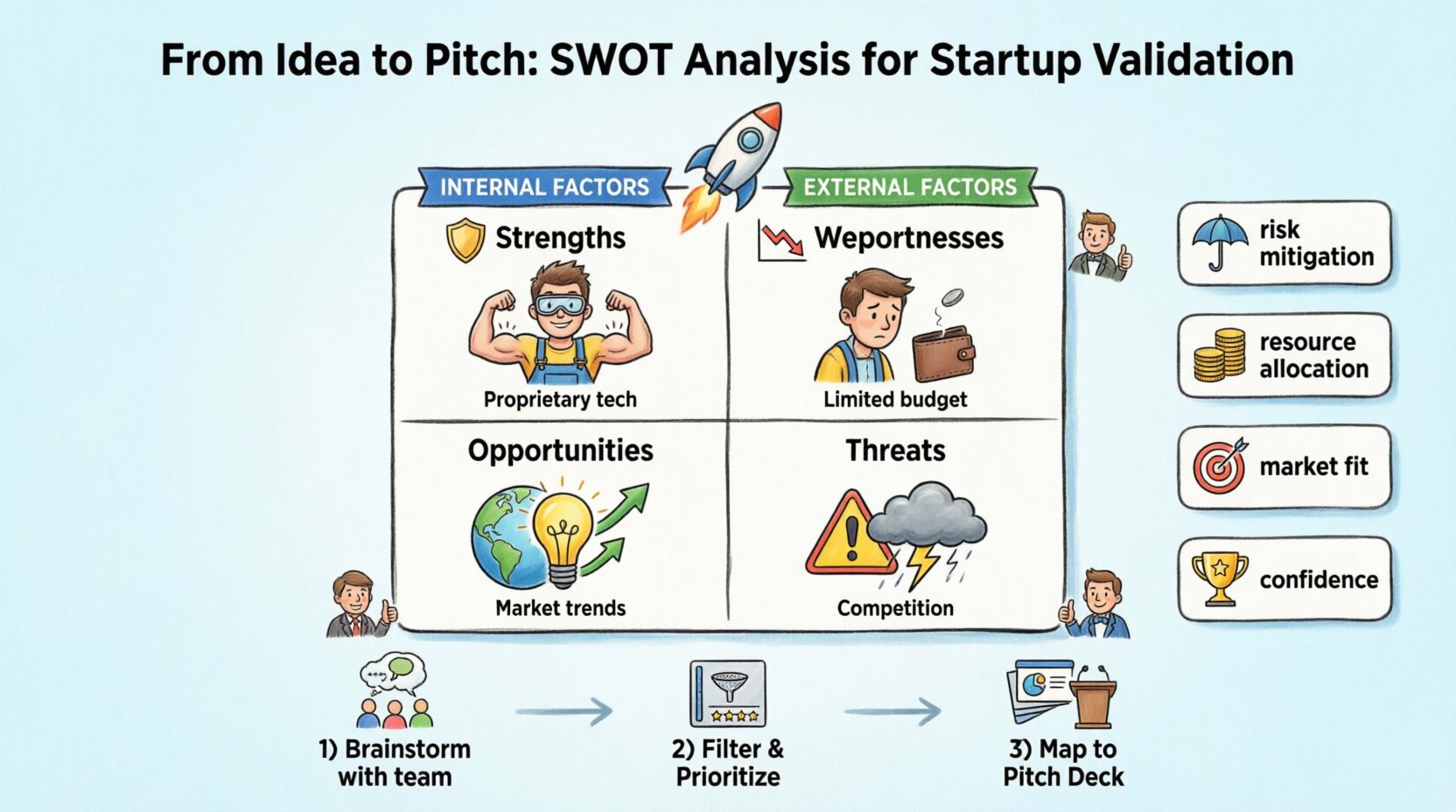 Cartoon infographic illustrating how startups use SWOT analysis to validate business ideas and prepare investor pitches, featuring four quadrants (Strengths, Weaknesses, Opportunities, Threats) with icons, internal vs external factor distinction, key benefits like risk mitigation and market fit, and a 3-step process flow from brainstorming to pitch deck preparation