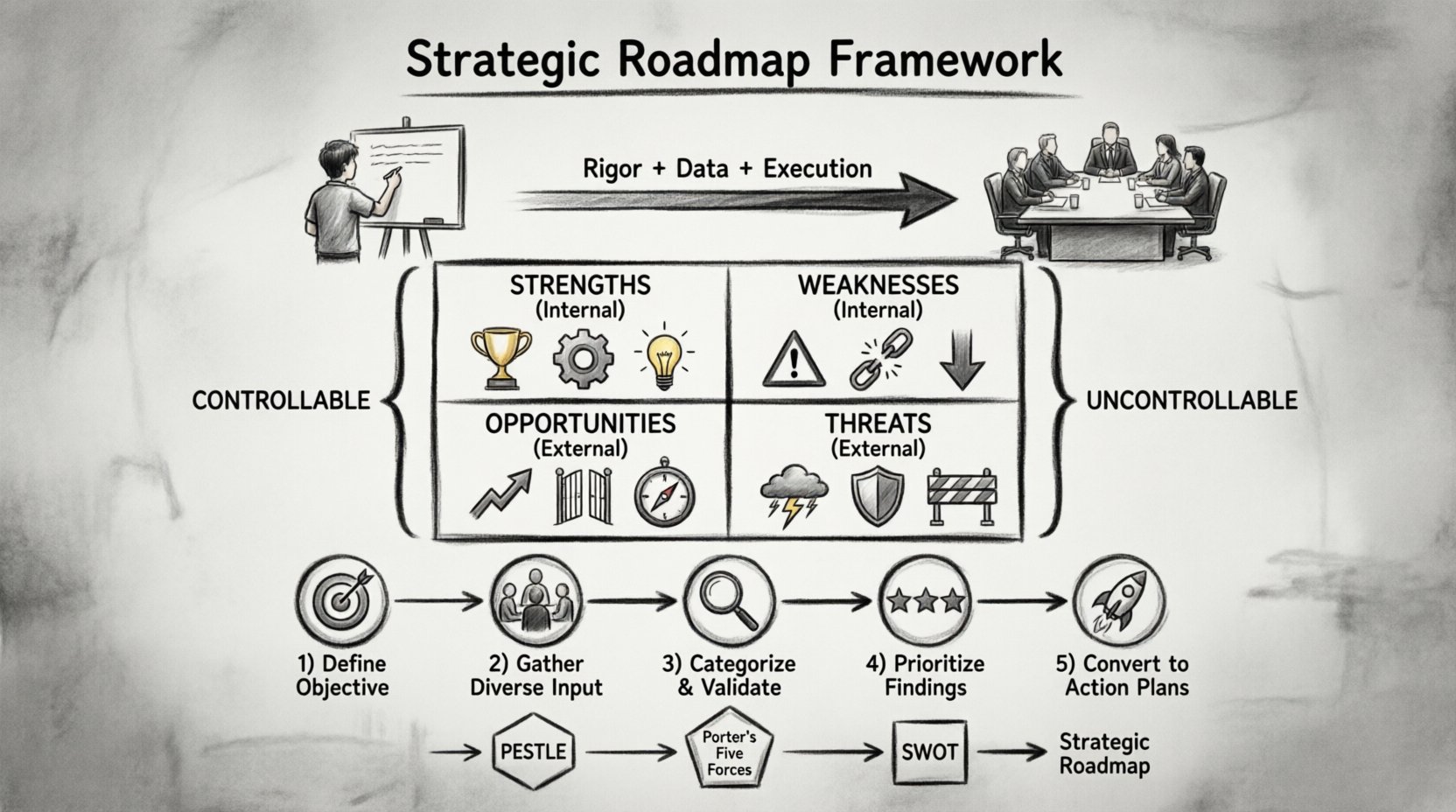 Charcoal sketch infographic illustrating SWOT analysis framework: four quadrants (Strengths, Weaknesses, Opportunities, Threats) divided by internal/external factors, evolution from academic exercise to boardroom strategy, five-step methodology for rigorous analysis, integration with PESTLE and Porter's Five Forces, and action-oriented strategic planning workflow.