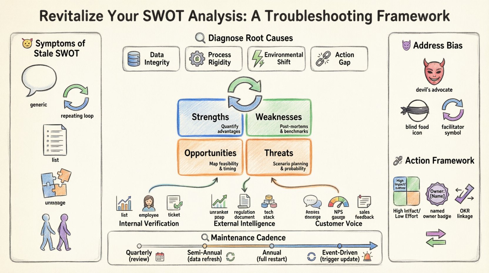 Marker-style infographic illustrating a comprehensive framework to troubleshoot and refresh stale SWOT analyses: identifies five symptoms of strategic stagnation, diagnoses four root causes (data integrity, process rigidity, environmental shift, action gap), outlines three data refresh streams (internal verification, external intelligence, customer voice), provides quadrant-specific troubleshooting tips for Strengths, Weaknesses, Opportunities, and Threats, addresses cognitive biases and facilitation dynamics, maps analysis to actionable outputs via prioritization matrices and OKR integration, and establishes a maintenance cadence calendar for sustained strategic agility.