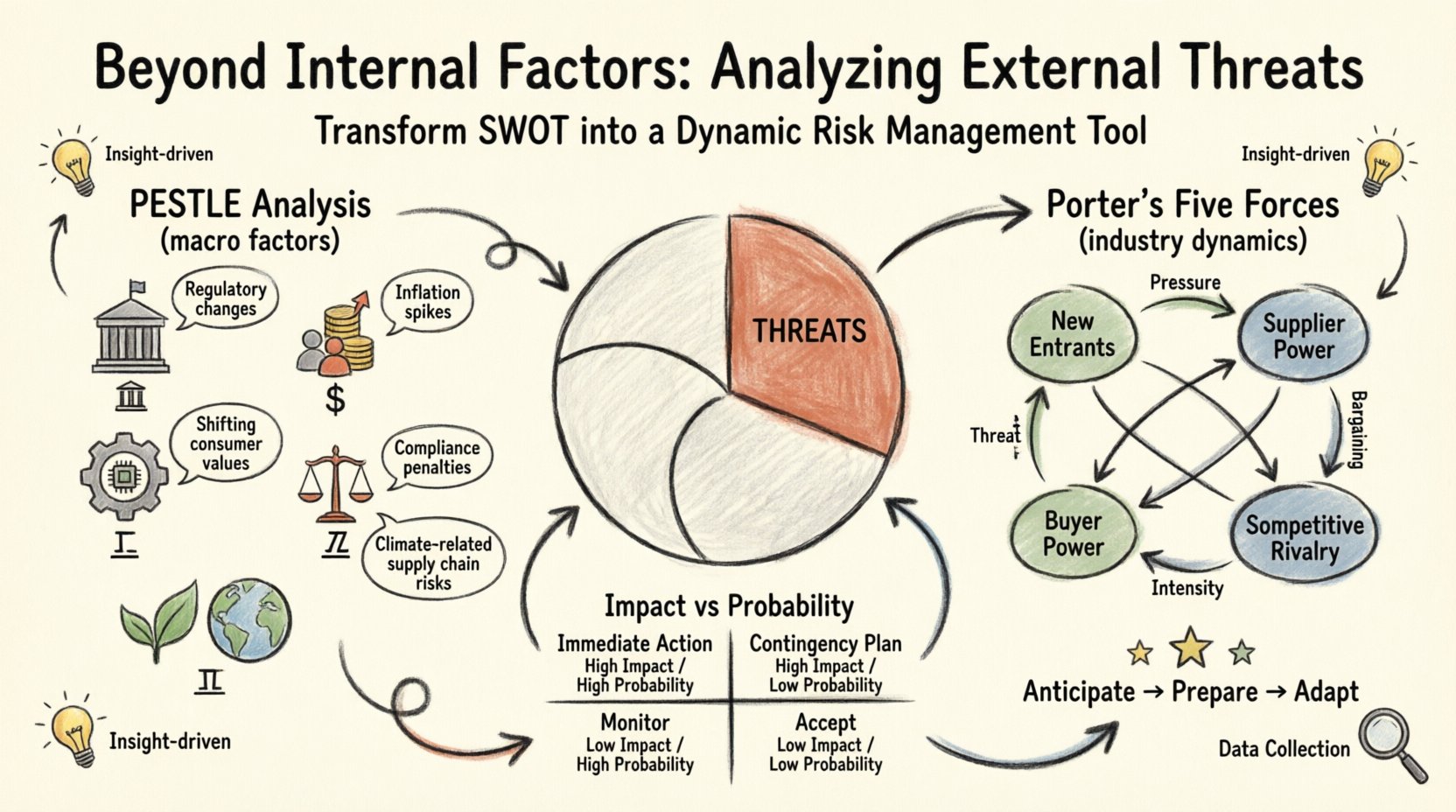Hand-drawn infographic illustrating how to analyze external threats in SWOT analysis, featuring PESTLE framework icons (Political, Economic, Social, Technological, Legal, Environmental) and Porter's Five Forces diagram (New Entrants, Supplier Power, Buyer Power, Substitutes, Competitive Rivalry), with a 2x2 Impact vs Probability threat prioritization matrix, all rendered in thick-outline sketch style with warm color palette on 16:9 layout for strategic planning and risk management guidance