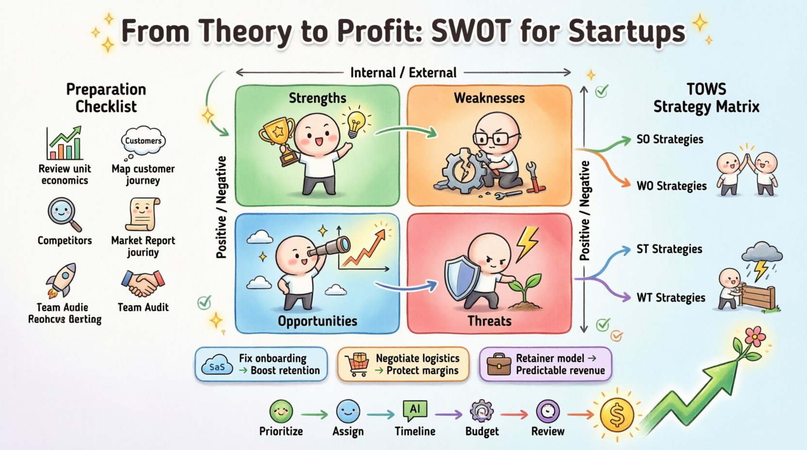 Chibi-style infographic explaining SWOT analysis for startup profitability: four-quadrant framework (Strengths, Weaknesses, Opportunities, Threats) with cute character illustrations, data preparation checklist, TOWS strategy matrix connections, three real-world startup scenarios (SaaS, e-commerce, agency), and five-step action roadmap leading to revenue growth and sustainable business success