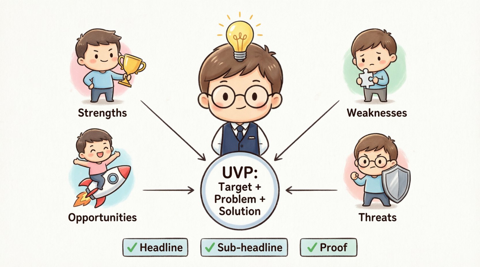 Chibi-style infographic illustrating how to use SWOT analysis (Strengths, Weaknesses, Opportunities, Threats) to identify your Unique Value Proposition, featuring cute characters representing each quadrant flowing into a central UVP badge with the three pillars: Target Audience, Problem, and Solution, plus a simple formula for crafting your value proposition
