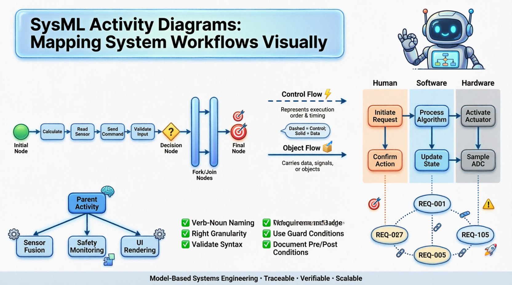 Cartoon infographic illustrating SysML Activity Diagrams for systems engineering: shows workflow elements like initial/final nodes, actions, decision forks, control vs object flows, swimlane partitions, hierarchical decomposition, and requirements traceability with colorful icons and friendly robot engineer character