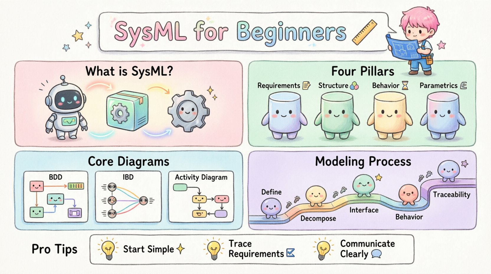 Chibi-style educational infographic summarizing SysML basics for beginners: features cute characters explaining the four pillars (requirements, structure, behavior, parametrics), core diagram types (BDD, IBD, Activity), 5-step modeling process, and pro tips for learning Systems Modeling Language from scratch