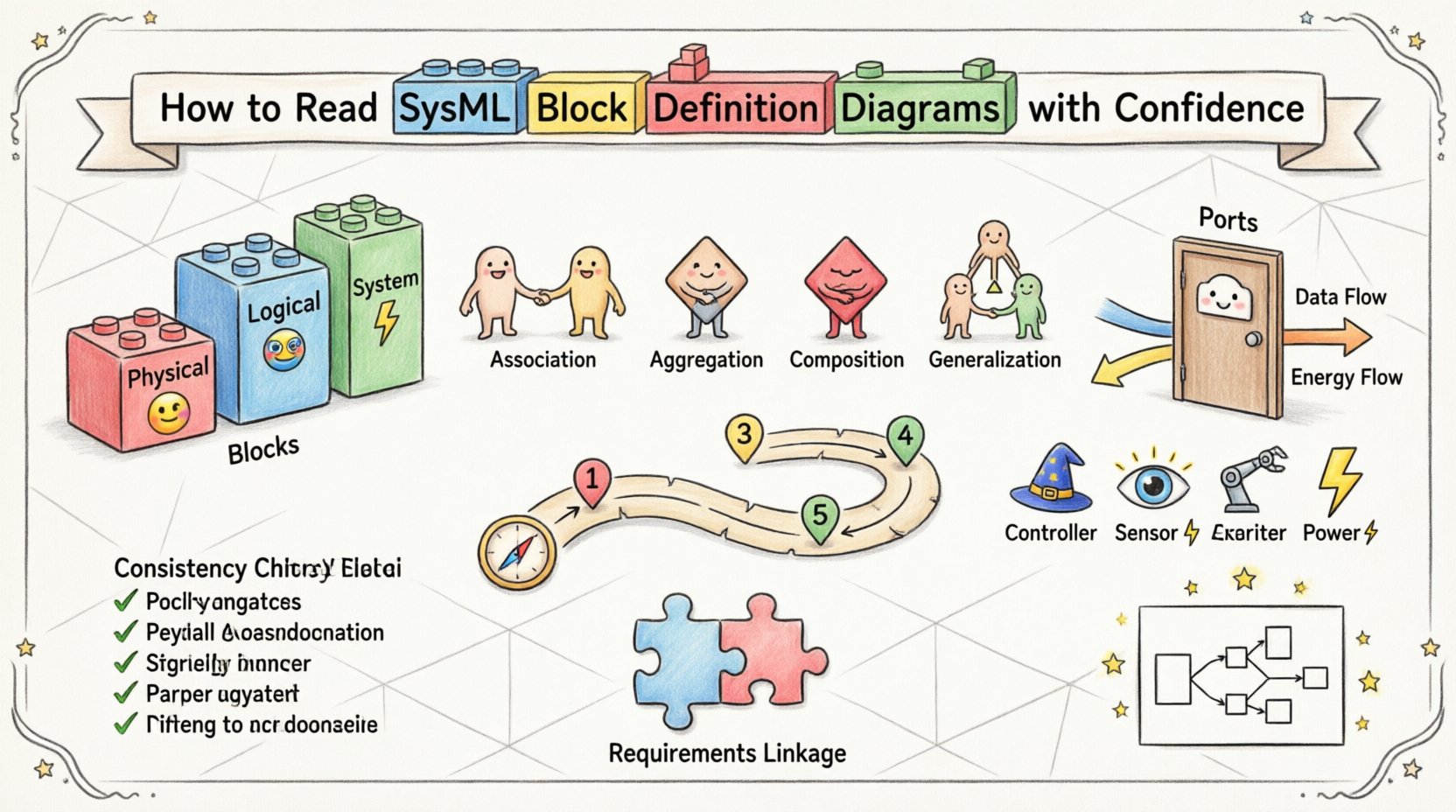 Whimsical infographic guide to reading SysML Block Definition Diagrams: illustrates blocks (physical, logical, system), four relationship types (association, aggregation, composition, generalization), ports and properties, 5-step systematic reading workflow, common structural patterns, model consistency checks, requirements tracing, and best practices for clarity—all in playful cartoon style with colorful icons and visual flow