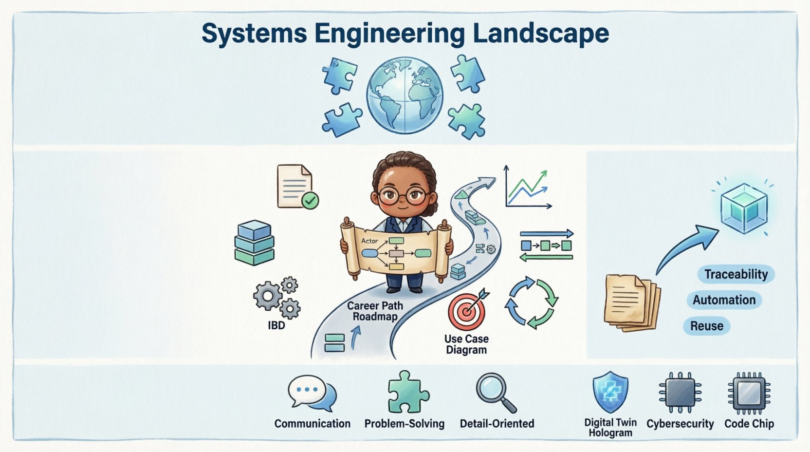 Chibi-style infographic summarizing a career switcher's guide to SysML and systems engineering roles, featuring a cute professional character on a career roadmap surrounded by icons for seven SysML diagram types, key job roles, MBSE benefits, essential soft skills, and future industry trends like digital twins and cybersecurity