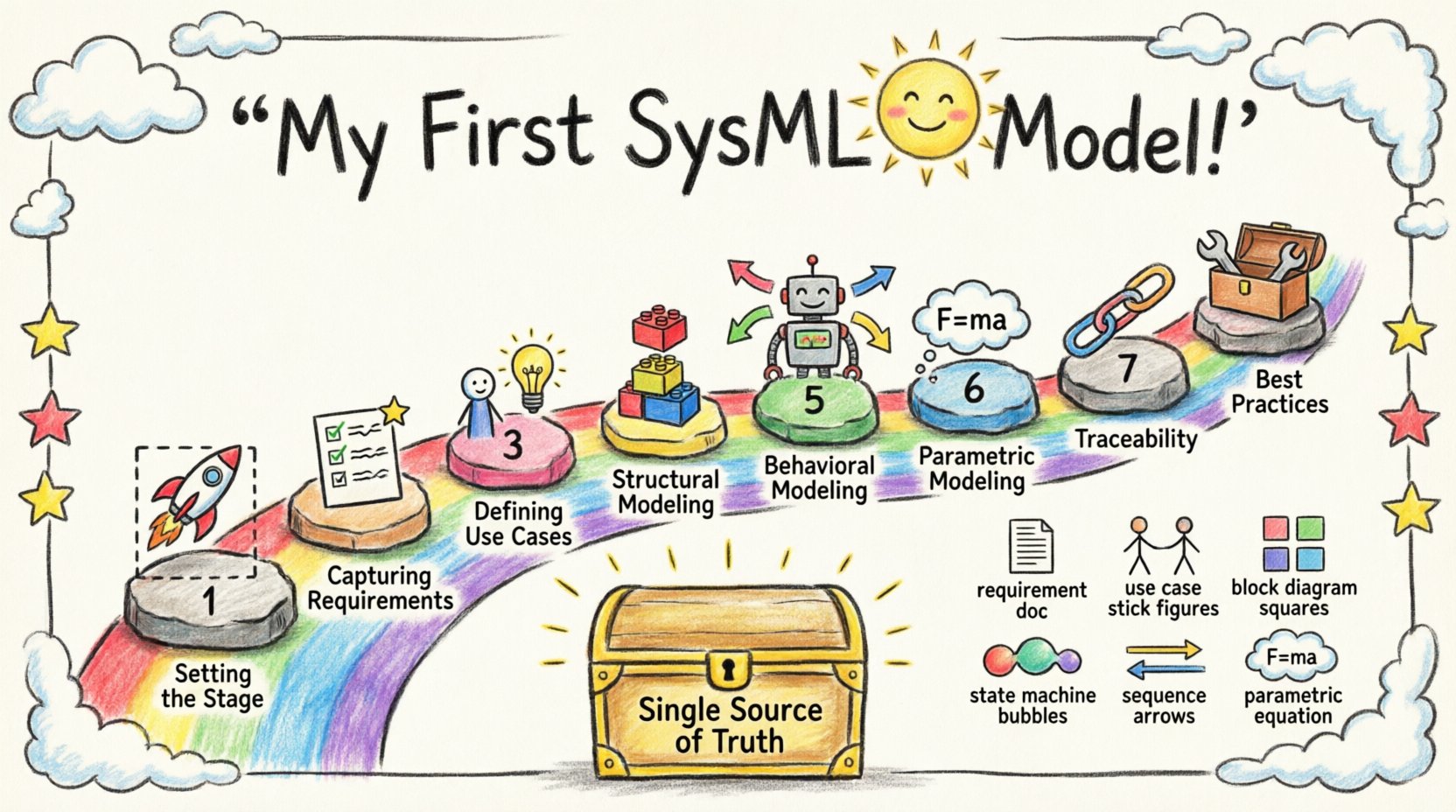 Child's drawing style infographic summarizing an 8-phase guide to building your first SysML model: setting boundaries, capturing requirements, defining use cases, structural modeling with blocks, behavioral diagrams, parametric constraints, traceability links, and best practices - presented as a colorful playful journey with crayon-style icons and simple illustrations for systems engineering beginners