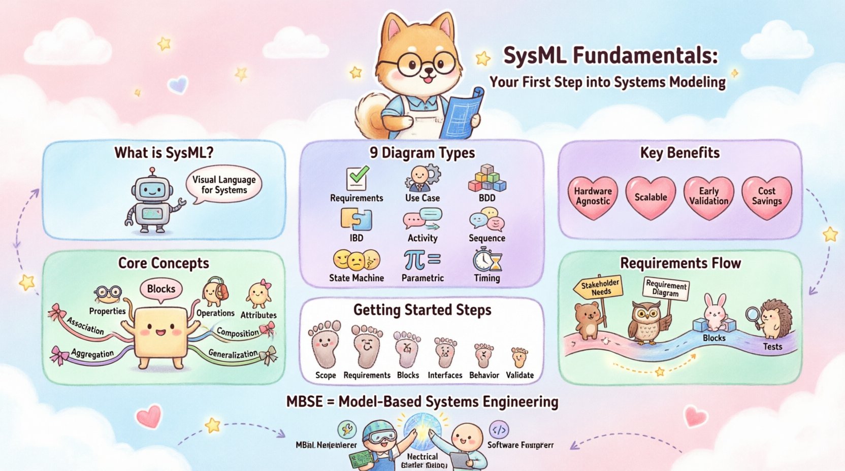 Kawaii-style infographic summarizing SysML fundamentals: 9 diagram types, core block concepts, requirements management, and MBSE benefits with cute chibi characters and pastel colors for accessible systems engineering learning