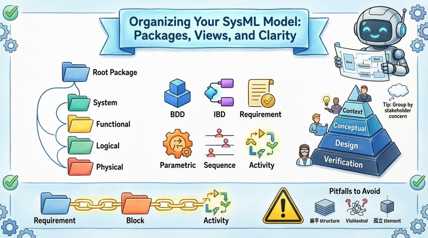 Cartoon infographic summarizing SysML model organization best practices: package hierarchy tree with functional, logical, and physical decomposition; six SysML diagram types (BDD, IBD, Requirement, Parametric, Sequence, Activity) with icons; abstraction levels pyramid showing Context, Conceptual, Design, and Verification views for different stakeholders; traceability links connecting requirements to design elements; naming convention tips; and common pitfalls to avoid like flat structures and diagram clutter. Friendly robot engineer character illustrates systems engineering clarity and structured modeling workflow.