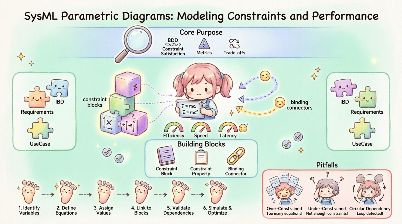 Chibi-style infographic summarizing SysML parametric diagrams for modeling constraints and performance, featuring cute engineer character, constraint blocks with equations like F=ma, binding connectors, performance metrics gauges, 6-step implementation workflow, common pitfalls warnings, and integration with BDD/IBD/Requirements diagrams in soft pastel kawaii aesthetic
