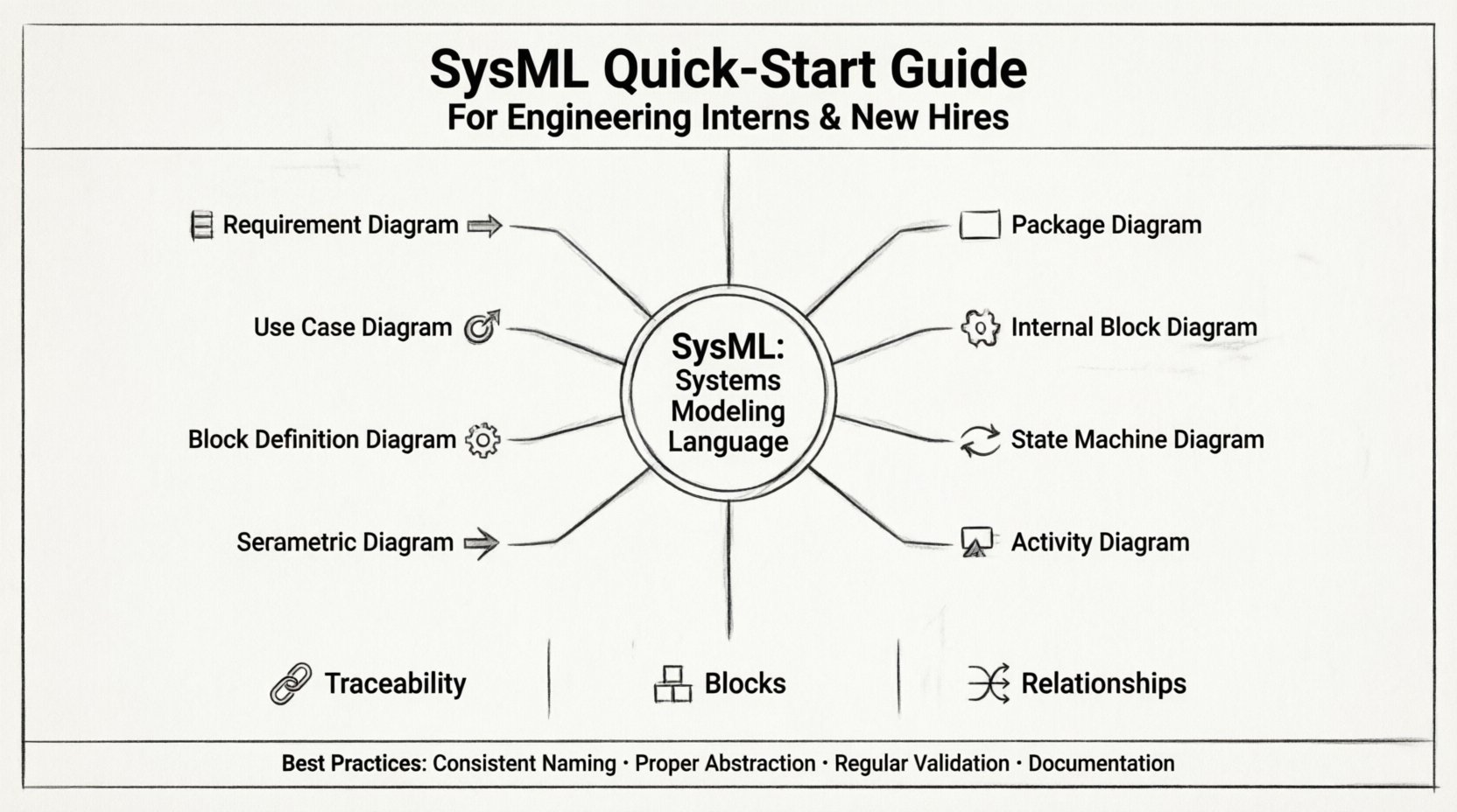 Line art infographic summarizing SysML Quick-Start Guide for engineering interns: features the 9 core SysML diagram types (Requirement, Use Case, Block Definition, Internal Block, Parametric, Sequence, State Machine, Activity, Package), key principles including traceability and block modeling, and best practices for systems engineering with clean black-and-white vector style layout