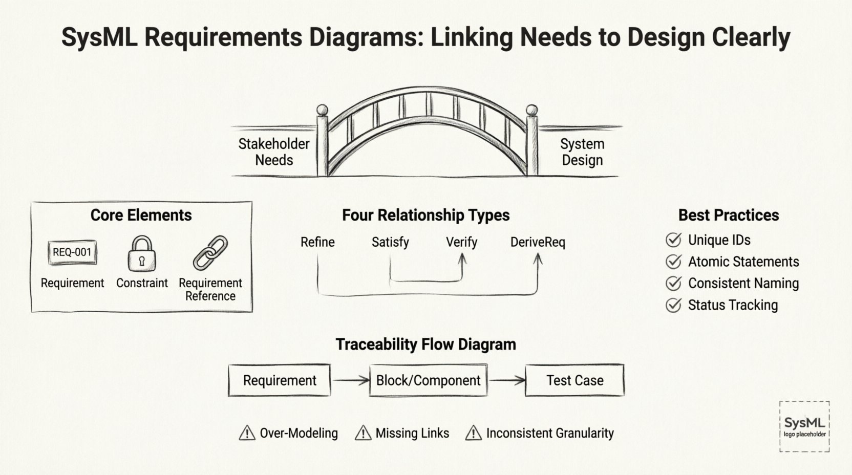Line art infographic illustrating SysML Requirements Diagrams: shows bridge from stakeholder needs to system design, core elements (Requirement, Constraint, Reference), four relationship types with directional arrows (Refine, Satisfy, Verify, DeriveReq), best practices checklist (Unique IDs, Atomic Statements, Consistent Naming, Status Tracking), and traceability flow connecting requirements to blocks/components to test cases for verification and validation