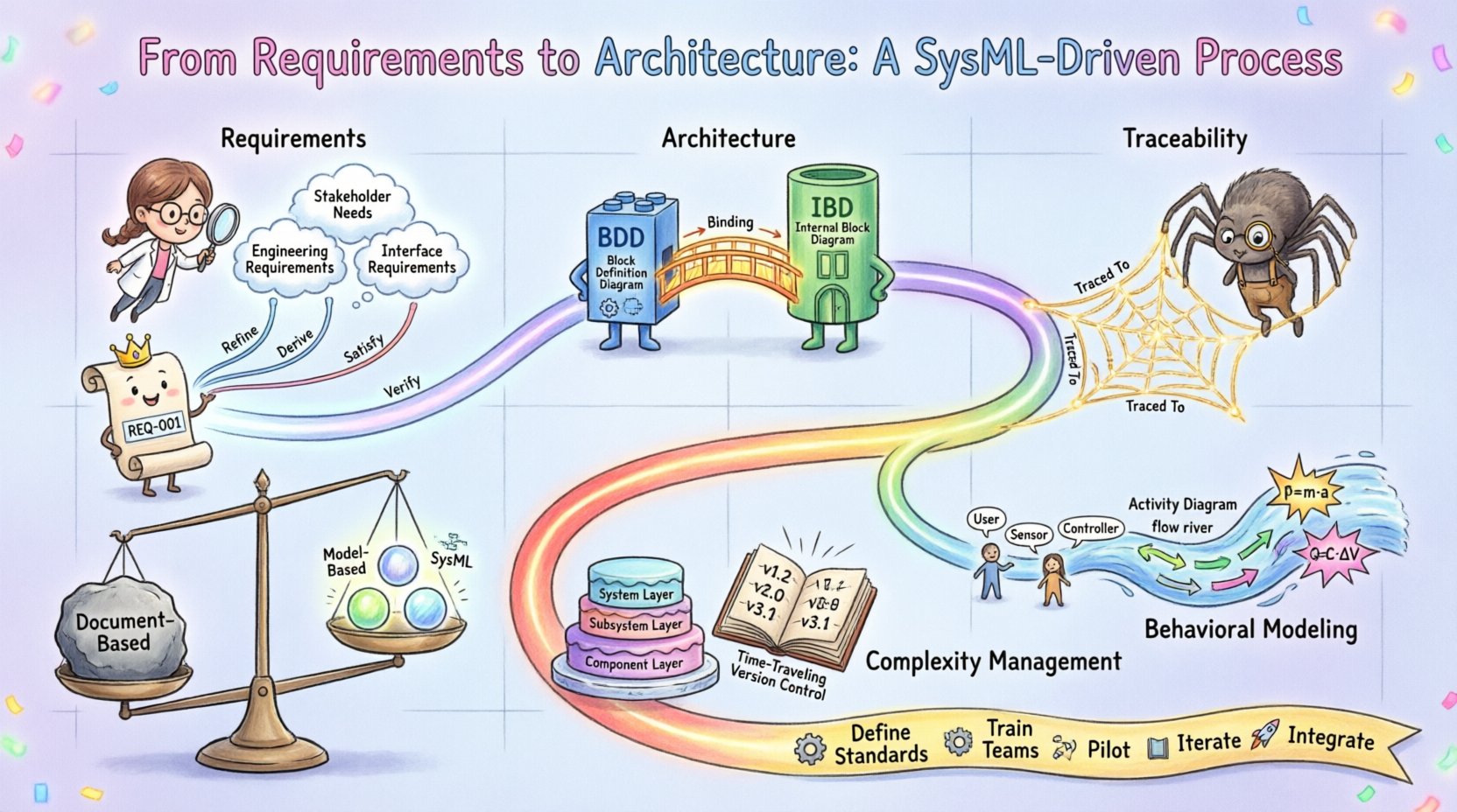 Whimsical infographic illustrating the SysML-driven systems engineering process from requirements to architecture, featuring five playful phases: capturing stakeholder and engineering requirements with traceability relationships, defining system architecture using Block Definition and Internal Block Diagrams, establishing traceability matrices, behavioral modeling with use case and activity diagrams, and managing complexity through layering and version control, plus a visual comparison of document-based versus model-based approaches
