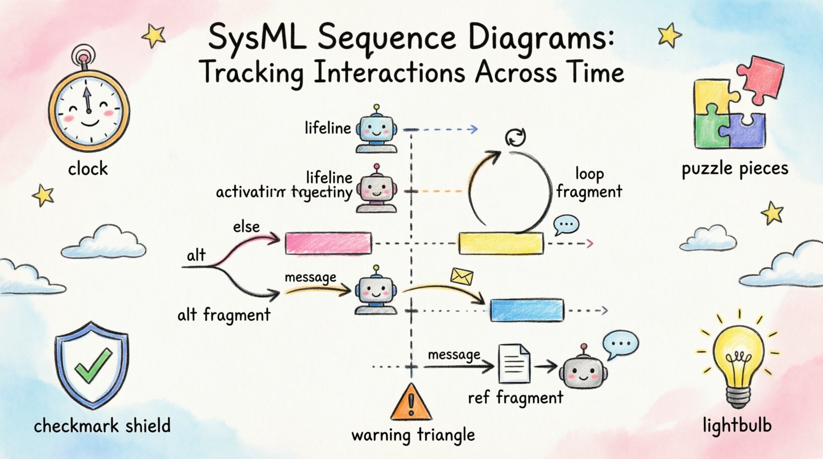 Child-friendly infographic illustrating SysML Sequence Diagrams with colorful timeline showing lifelines as friendly characters, message arrows for communication, and activation bars tracking system interactions and behavior over time in systems engineering