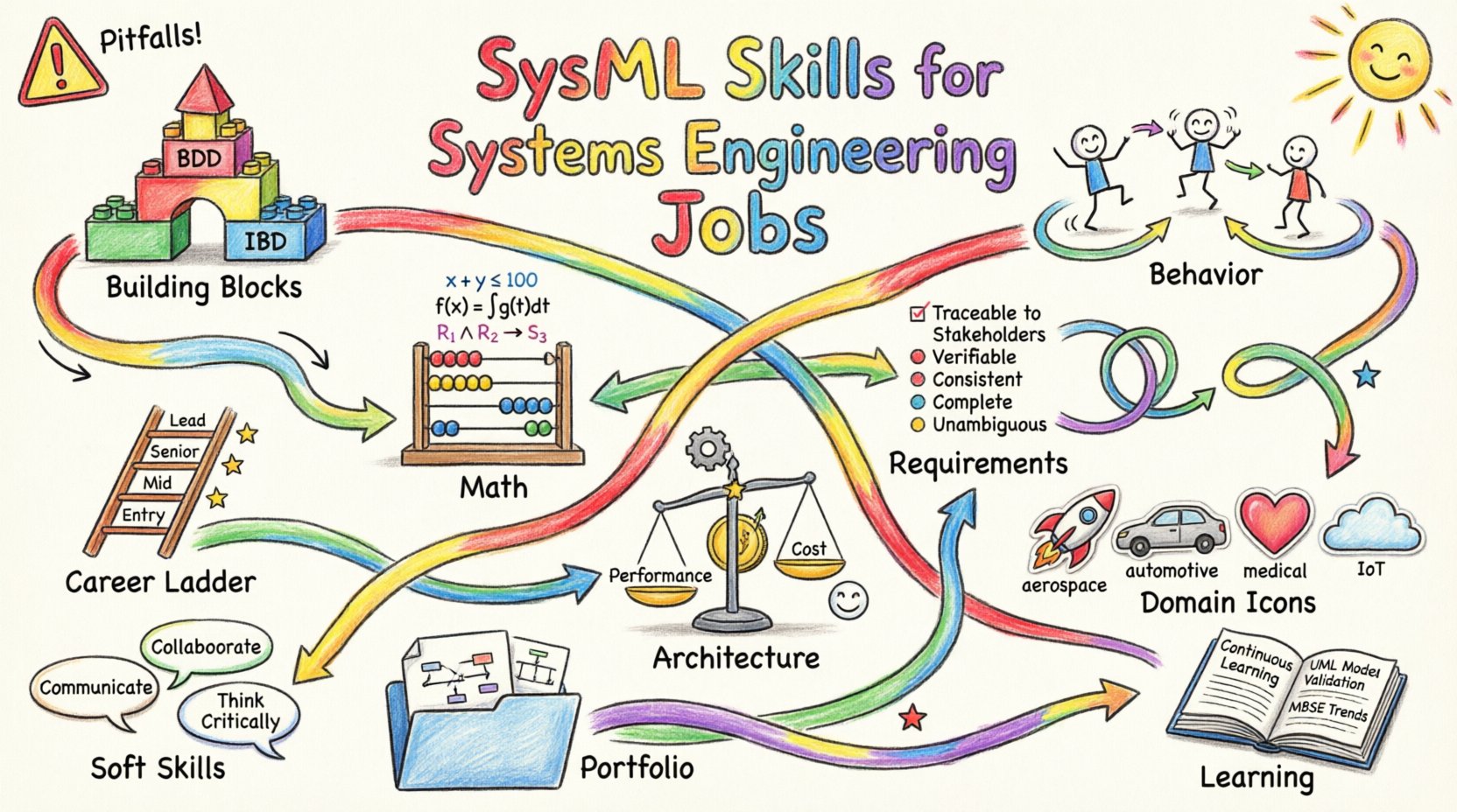Child-style hand-drawn infographic summarizing essential SysML skills for systems engineering job applications, featuring colorful crayon illustrations of structural modeling, behavioral diagrams, parametric analysis, requirements traceability, architecture trade studies, domain expertise, soft skills, career progression levels, portfolio building, and professional development tips in playful 16:9 layout