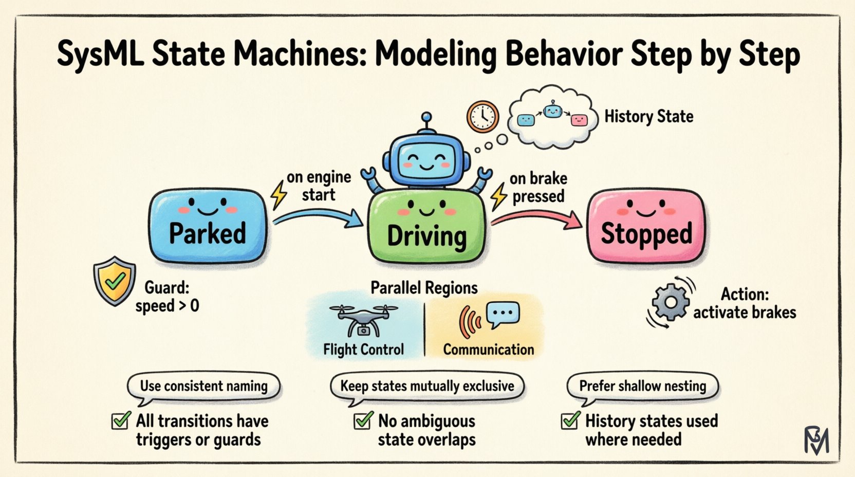 Cartoon infographic explaining SysML State Machines for systems engineering, showing states, transitions, events, guards, history states, and parallel regions with colorful diagrams and friendly illustrations for modeling dynamic system behavior