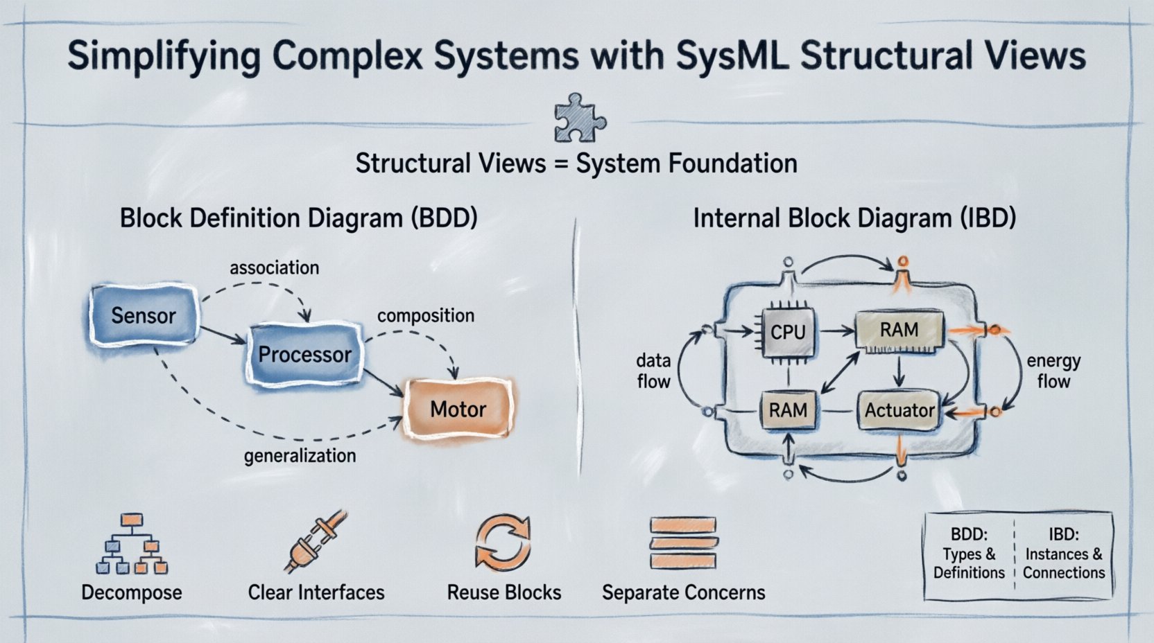 Hand-drawn infographic summarizing SysML structural views: compares Block Definition Diagram (BDD) for system types and relationships with Internal Block Diagram (IBD) for internal connections and ports; illustrates key elements like blocks, value types, aggregation, composition, and connectors; highlights four simplification strategies—hierarchical decomposition, clear interfaces, block reuse, and separation of concerns; designed for systems engineers to visualize architecture clarity and model complex hardware-software-human systems effectively