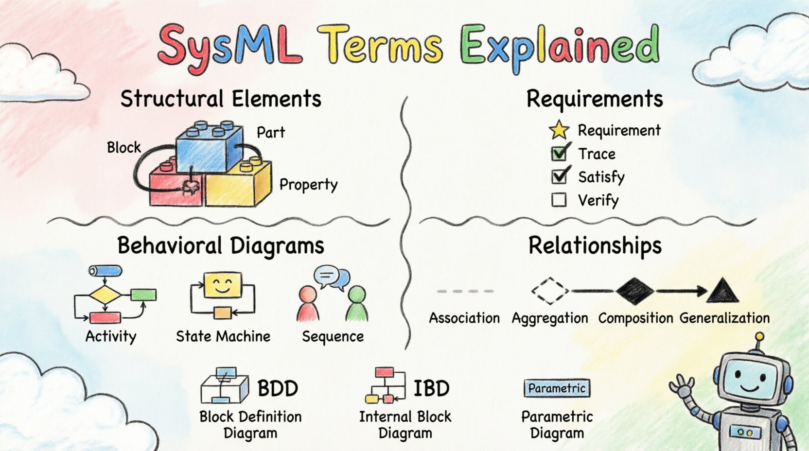 Child-style hand-drawn infographic summarizing SysML glossary terms for beginners, featuring colorful crayon illustrations of structural elements like blocks and parts, requirements management with trace relationships, behavioral diagrams including activity and state machine visuals, and connection types like aggregation and composition, all presented in playful doodle style with bright colors and simple handwriting labels