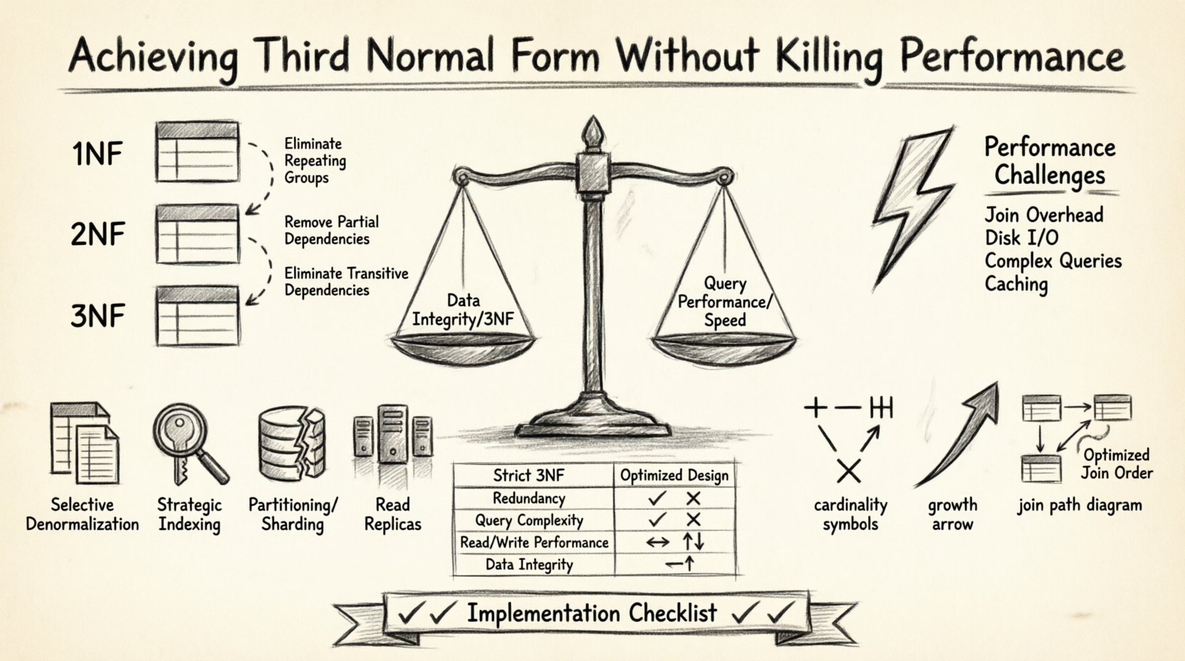 Charcoal sketch infographic illustrating how to achieve Third Normal Form (3NF) database normalization while maintaining query performance, featuring a balance scale metaphor weighing data integrity against speed, visualization of 1NF/2NF/3NF dependency rules, performance challenges like join overhead and disk I/O, four optimization strategies (selective denormalization, strategic indexing, partitioning/sharding, read replicas), ERD design considerations, normalized vs optimized design comparison, and an implementation checklist for database architects