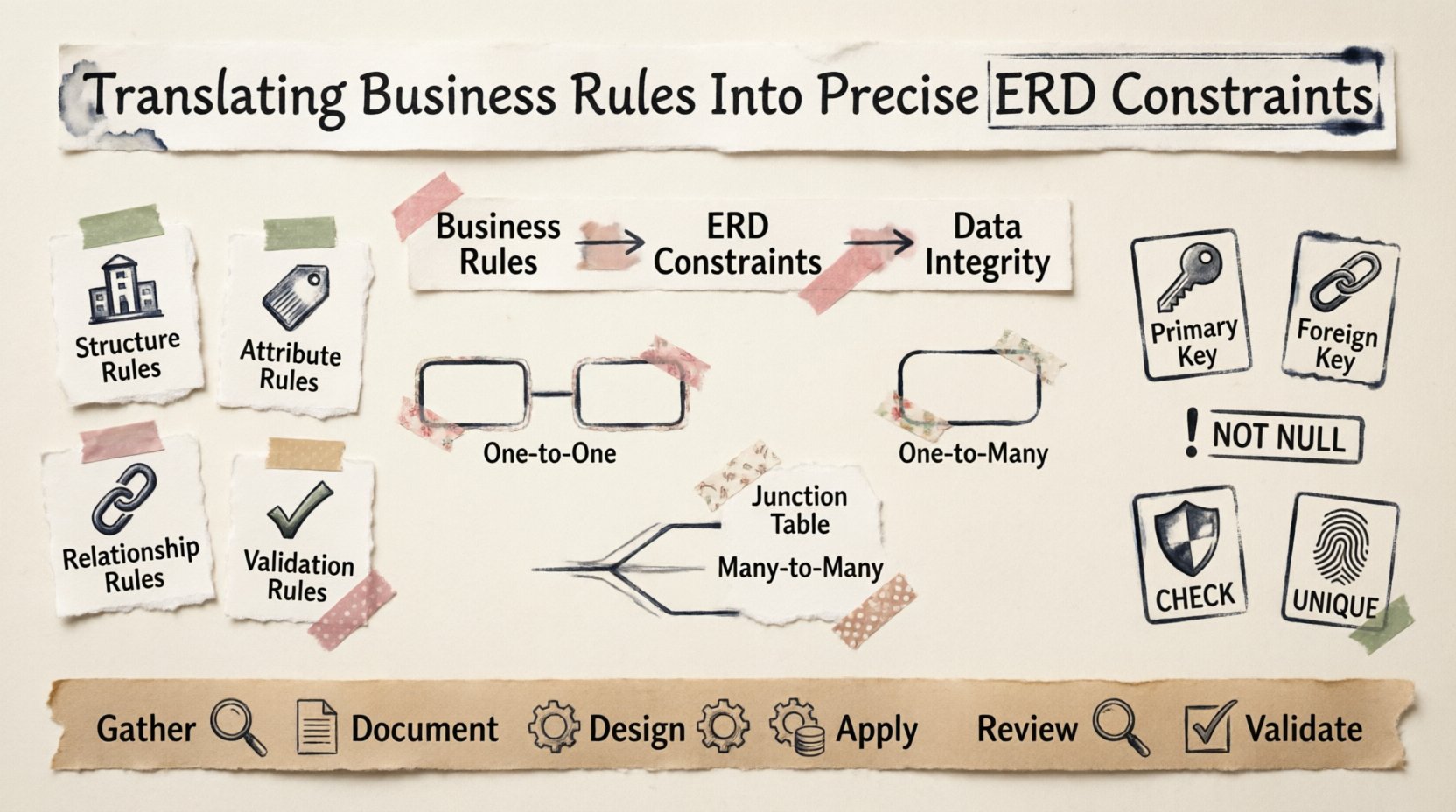Stamp and washi tape style infographic summarizing how to translate business rules into ERD constraints, featuring rule types (structure, attribute, relationship, validation), cardinality mappings (one-to-one, one-to-many, many-to-many), constraint implementations (primary key, foreign key, NOT NULL, CHECK, UNIQUE), and a 6-step workflow for data modeling integrity