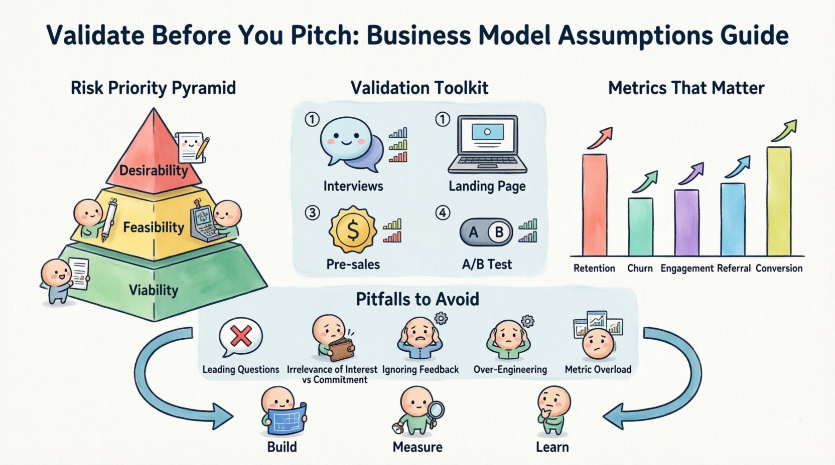 Chibi-style infographic showing how to validate business model assumptions before pitching investors, featuring Business Model Canvas framework, risk assessment pyramid, validation methodologies (customer interviews, landing pages, pre-sales, A/B testing), key metrics dashboard, common pitfalls to avoid, and iterative build-measure-learn cycle for startup founders seeking venture capital funding
