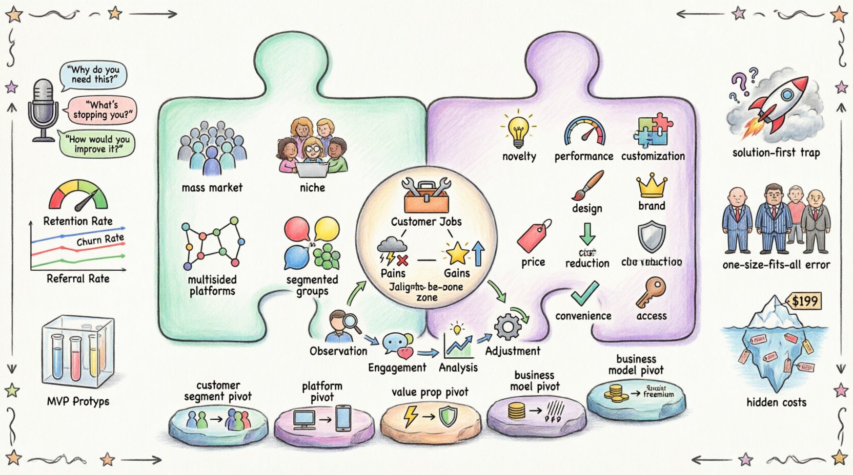 Whimsical infographic illustrating product-market fit through alignment of value propositions and customer segments, featuring Jobs/Pains/Gains framework, feedback loop cycle, validation strategies, and pivot types in a playful hand-drawn business illustration style with pastel colors and diverse characters