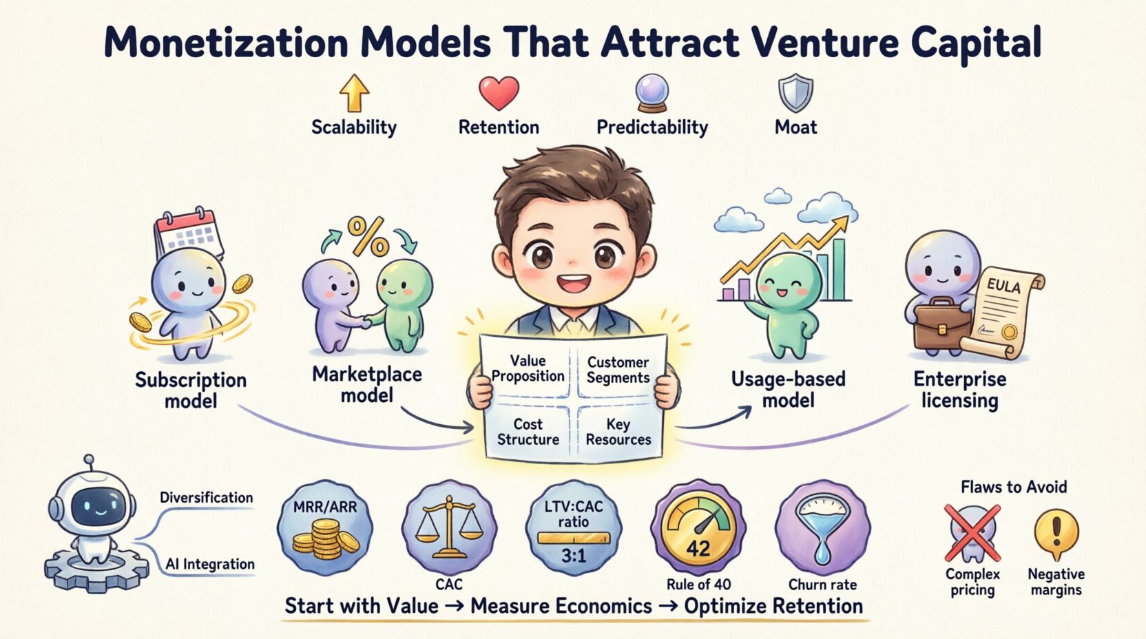 Chibi-style infographic illustrating four venture capital-friendly monetization models: subscription recurring revenue, marketplace transaction fees, usage-based consumption pricing, and enterprise licensing contracts, aligned with Business Model Canvas framework and key financial metrics like MRR, CAC, LTV:CAC ratio, and Rule of 40 for startup founders seeking investment