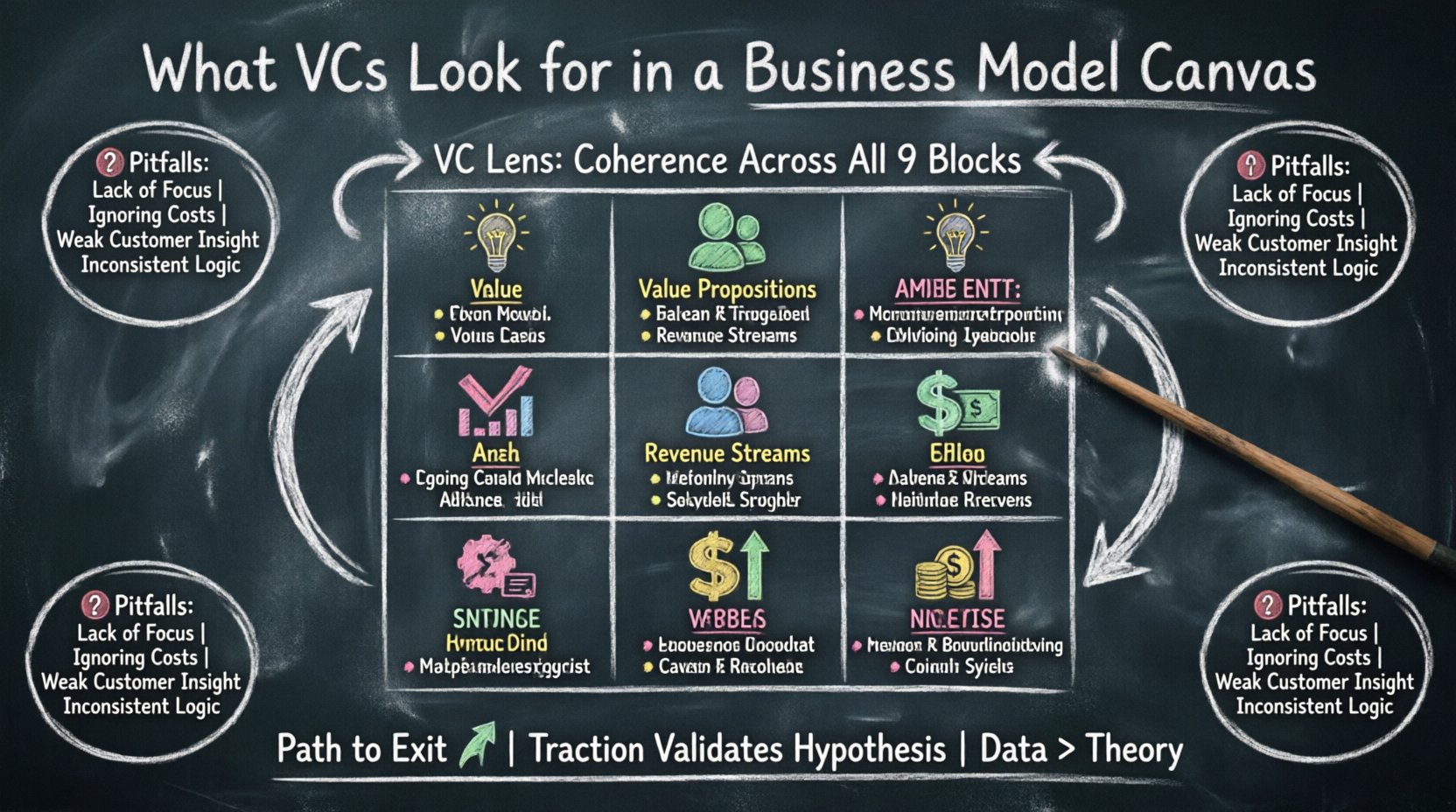 Chalkboard-style infographic showing what venture capitalists evaluate in each of the 9 Business Model Canvas blocks: value propositions, customer segments, revenue streams, cost structure, key activities/resources, channels, customer relationships, key partners, and risk assessment—with teacher-style handwritten notes, icons, and VC-focused criteria for startup due diligence