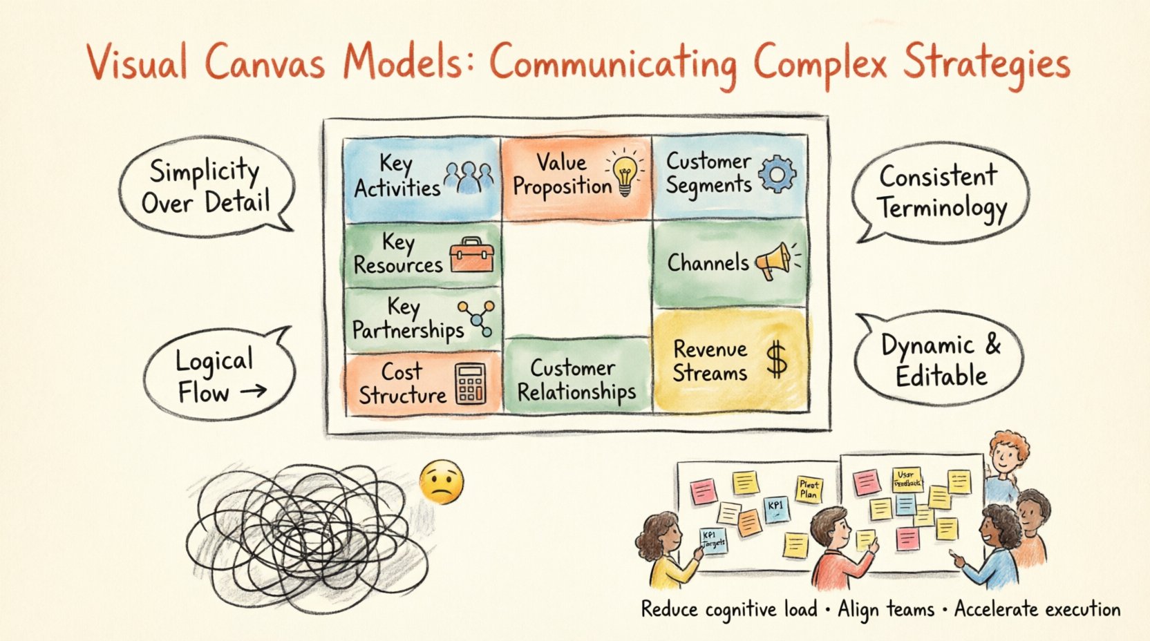 Marker-style infographic illustrating how visual canvas models simplify complex strategy communication, featuring a 9-block business model canvas with Value Proposition, Customer Segments, Channels, Revenue Streams, Key Resources, Key Activities, Key Partnerships, Cost Structure, and Customer Relationships, arranged in left-to-right logical flow, surrounded by four key principles (Simplicity Over Detail, Logical Flow, Consistent Terminology, Dynamic Nature), with before/after comparison showing text-heavy document versus clear visual canvas, and diverse team collaborating around whiteboard with sticky notes, promoting reduced cognitive load, team alignment, and faster execution