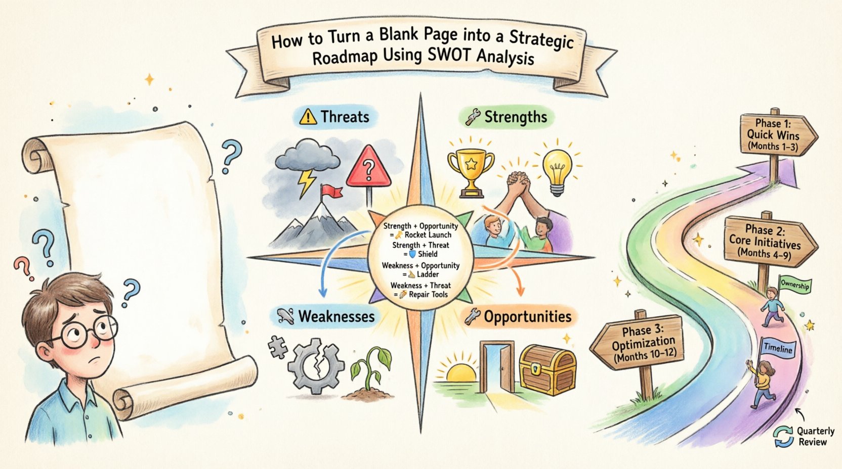 Whimsical infographic illustrating the transformation from blank page to strategic roadmap using SWOT analysis: features playful four-quadrant compass with Strengths, Weaknesses, Opportunities, and Threats icons, dynamic synthesis arrows connecting internal and external factors, and a vibrant winding timeline roadmap with three phased milestones for execution and review