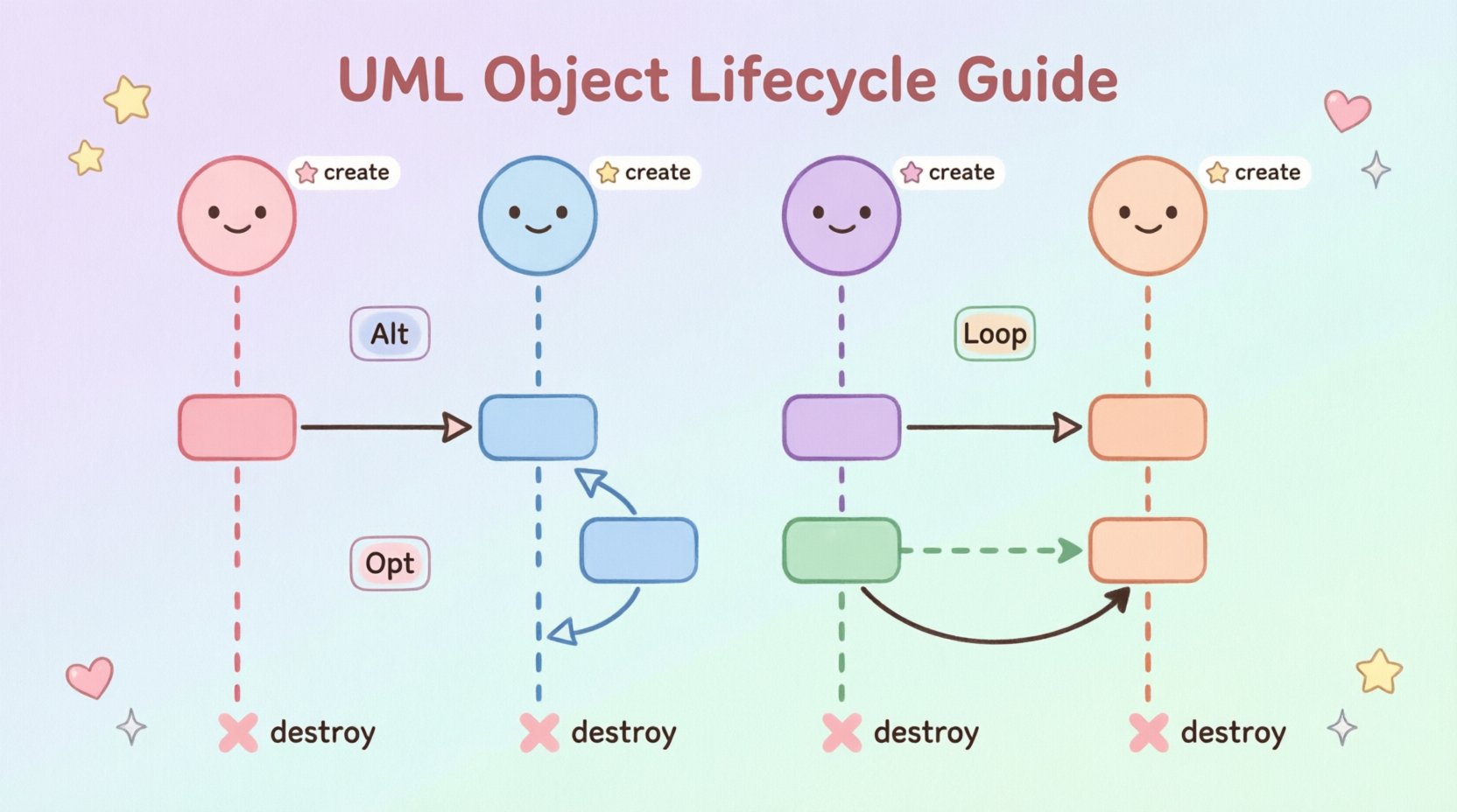 Cute kawaii-style vector infographic explaining UML sequence diagram object lifecycles with pastel-colored lifelines, activation bars, synchronous and asynchronous message arrows, object creation and destruction symbols, and interaction frames for software architecture visualization