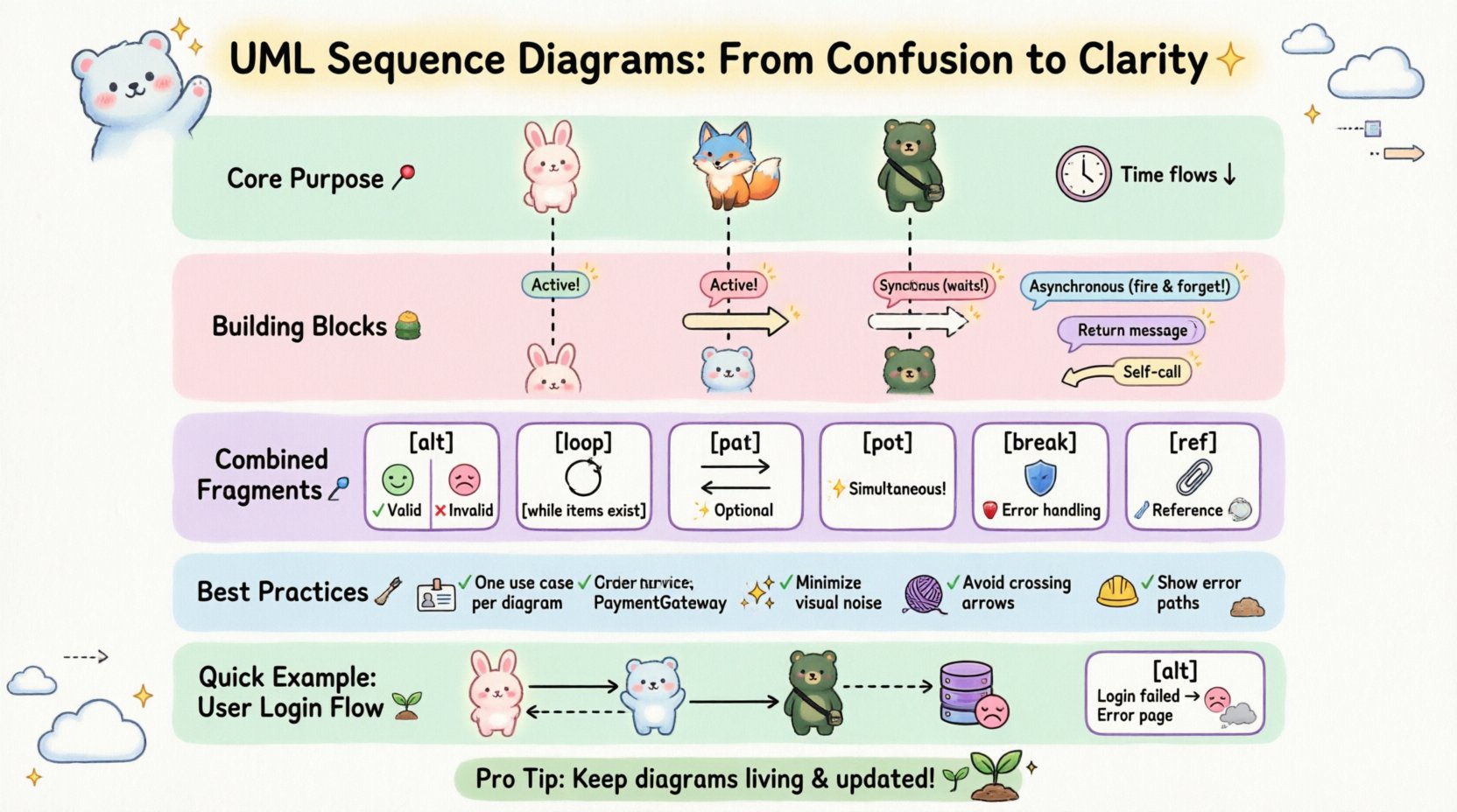 Adorable kawaii-style infographic explaining UML sequence diagrams: shows lifelines with cute character mascots, activation bars, four message types (synchronous, asynchronous, return, self-call), combined fragments (alt, opt, loop, break, par, ref), best practices checklist, and a user login flow example, all in soft pastel colors with rounded shapes on a 16:9 layout for educational clarity