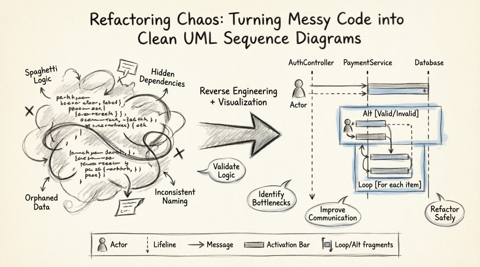 Sketch-style infographic showing the transformation from messy code chaos to clean UML sequence diagrams, featuring actors, lifelines, synchronous/asynchronous messages, activation bars, and UML fragments (Alt, Loop) with key refactoring benefits: validate logic, identify bottlenecks, improve communication, and refactor safely